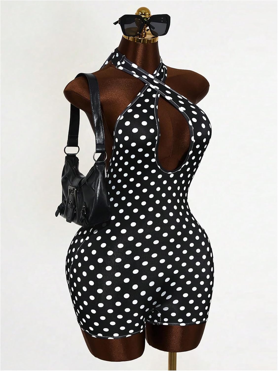 OYOANGLE Women's Polka Dots Halter Romper Sexy Backless Cut Out Criss Cross Party Date Night Rompers Unitard