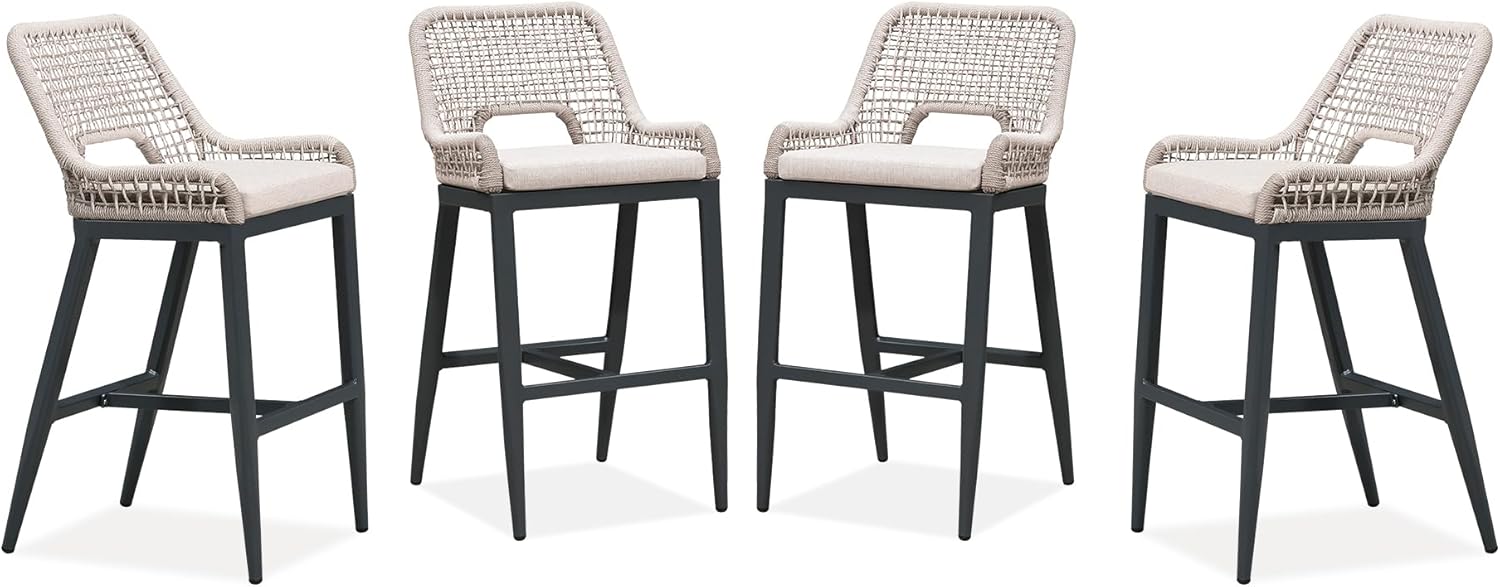 PURPLE LEAF Bar Stools Set of 4 Bar Height Metal Bar Chairs with Back Modern Tall Comfy Wicker Woven Boho Garden Pool Patio Outdoor Barstools, Dark Grey