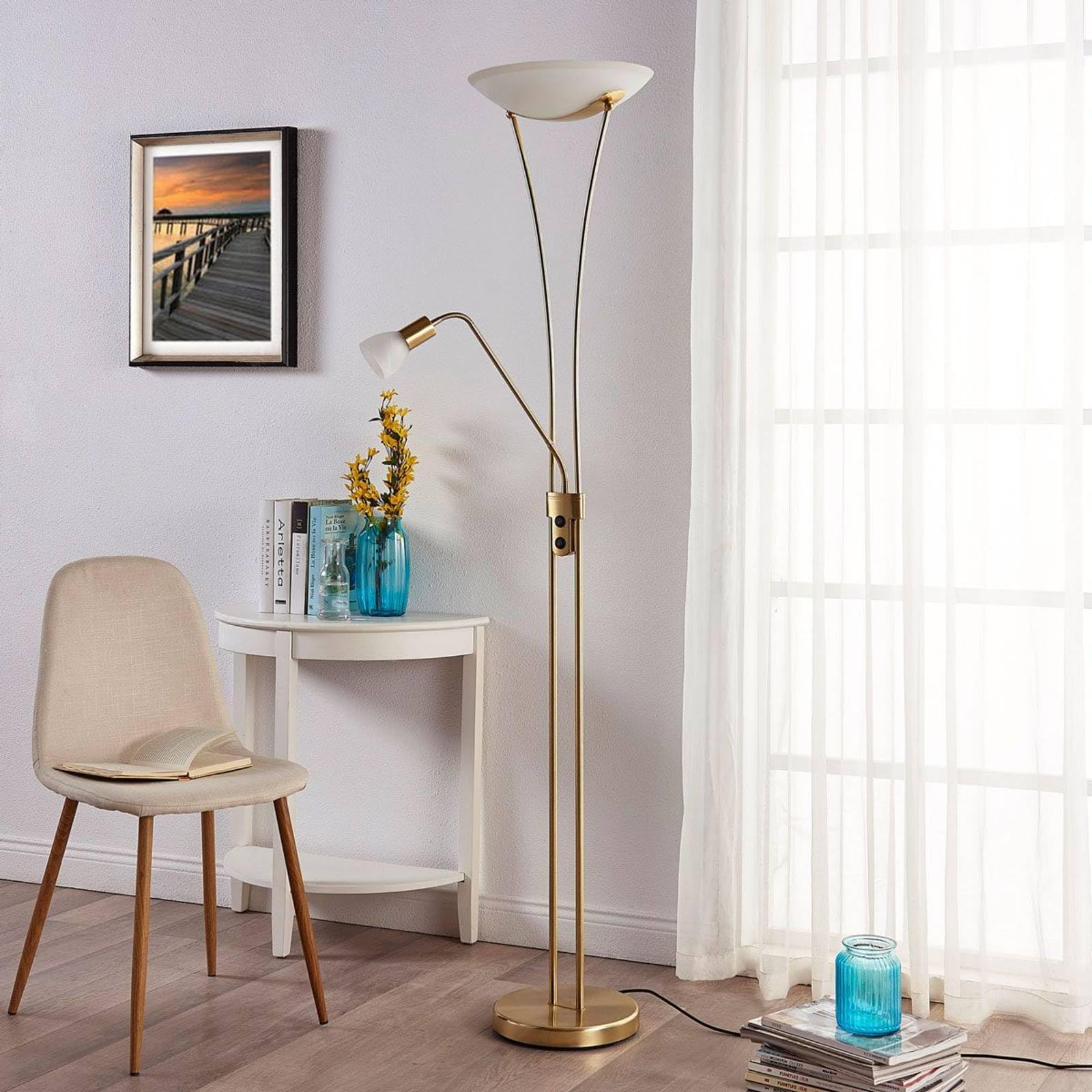 Lindby Stehlampe, Deckenfluter verstellbarer Lesearm Standleuchte Glas Metall 2x E27 max. 15W und 1x E14 10W ohne Leuchtmittel Standlampe