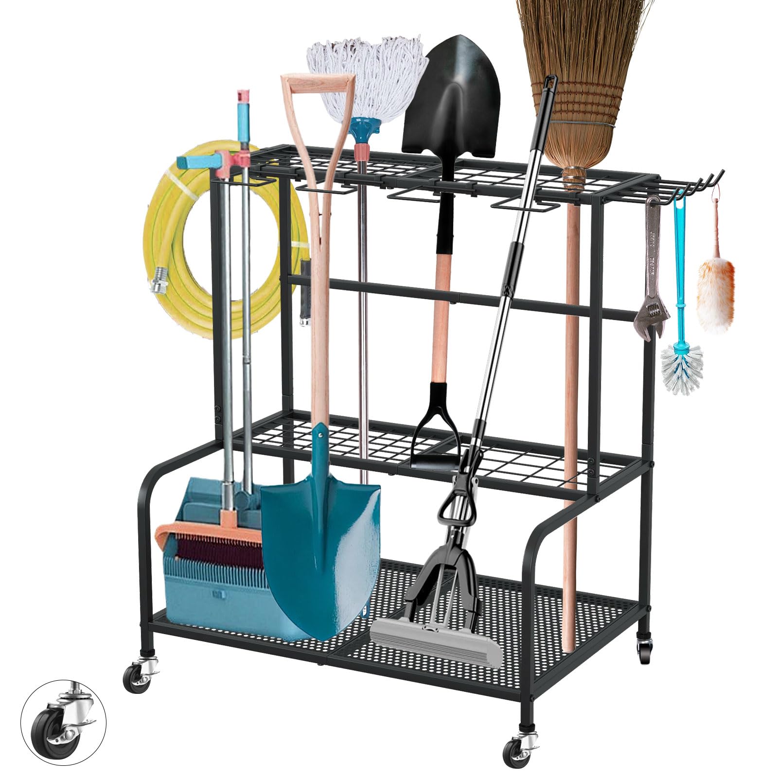 Tasofac Rolling Garden Tool Organizer, More Than 78 Tool Holder with 11 Hooks, 26×24×16in Carbon Steel Tool Storage with Lockable Casters
