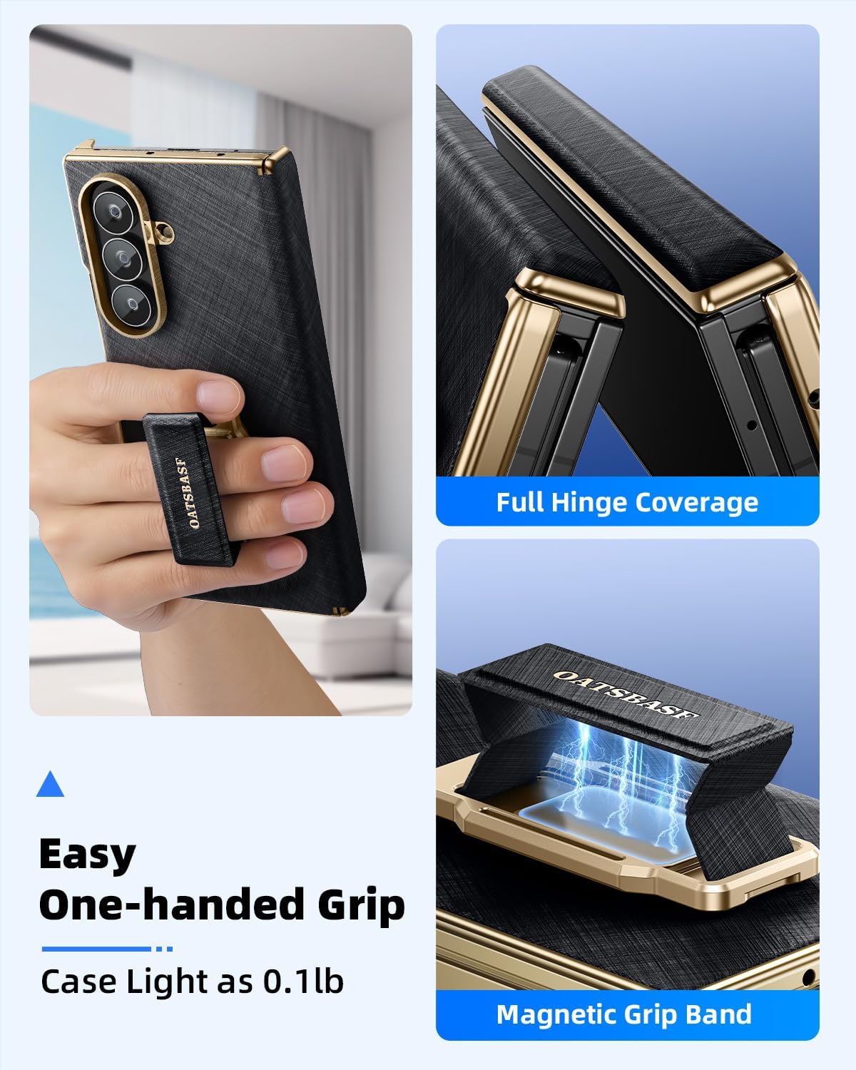 OATSBASF Grip for Samsung Galaxy Z Trifold Phone Case, with 360° Rotatable Kickstand & Magnetic Wristband, Drop-Proof Leather & Metal Cover, Black