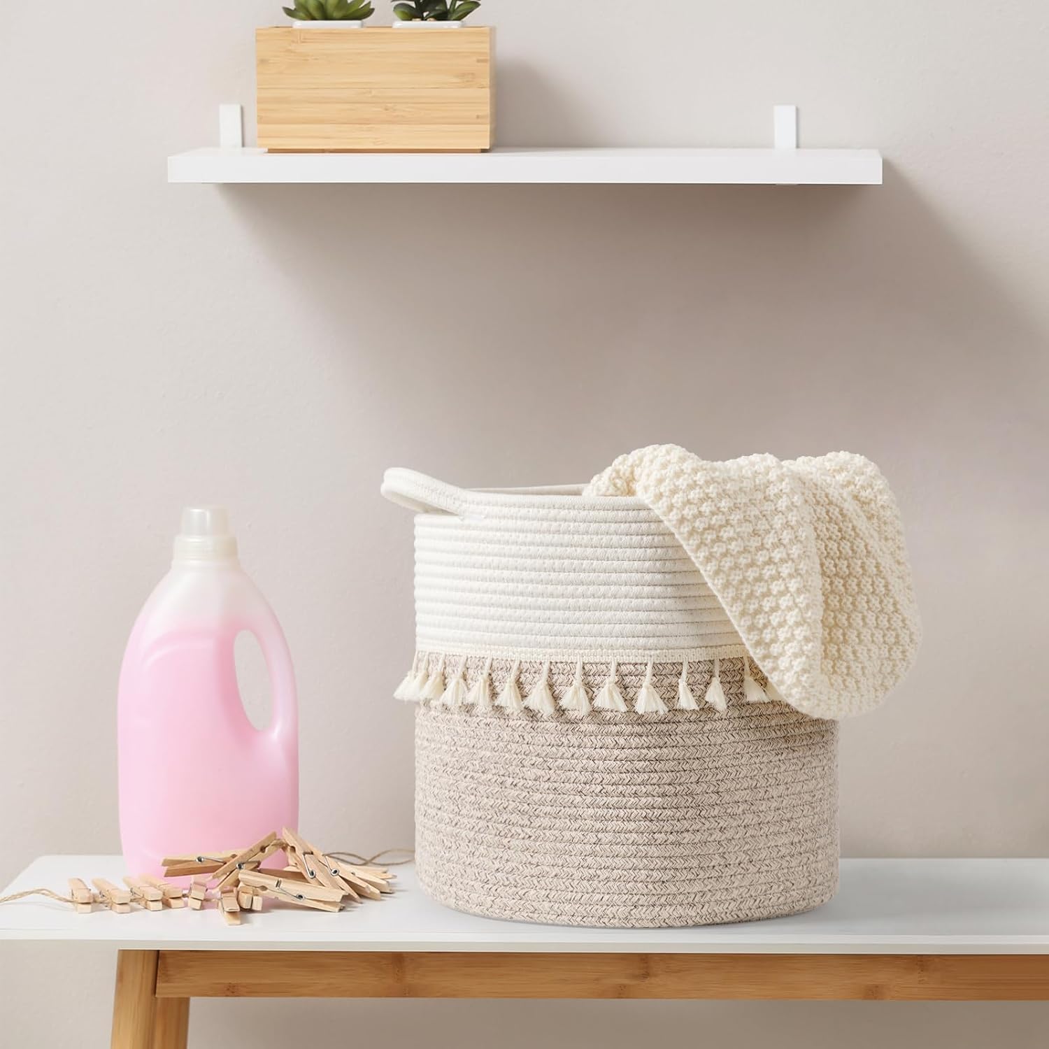 danpinera 11 Inch Storage Baskets Set of 3, Cotton Woven Baskets for Storage with Strong Handles & Stylish Tassel, Storage Bins, Decorative baskets for shelves, Nursery, Laundry, White & Mixed Brown