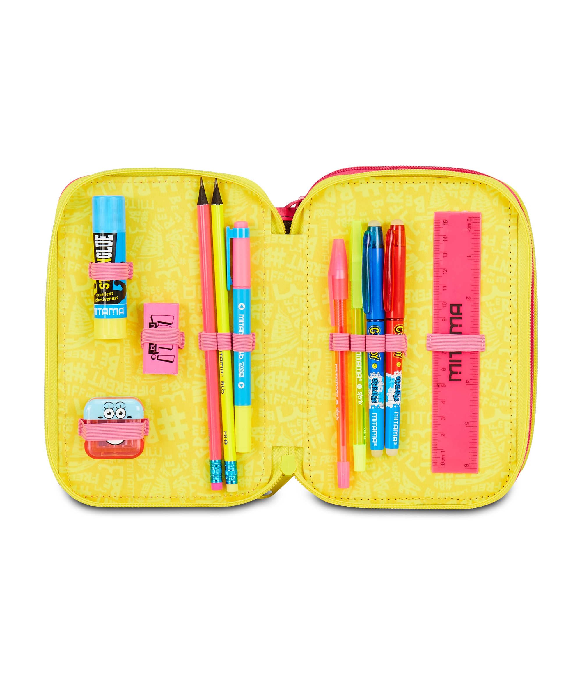 Mitama - Estuche Escolar con 3 Compartimentos, Triple CATROCK, Contenido de 47 Piezas, con lápices, marcadores, portabolígrafos de Escuela Primaria niña, Fucsia, Moderno, Fucsia, Moderno