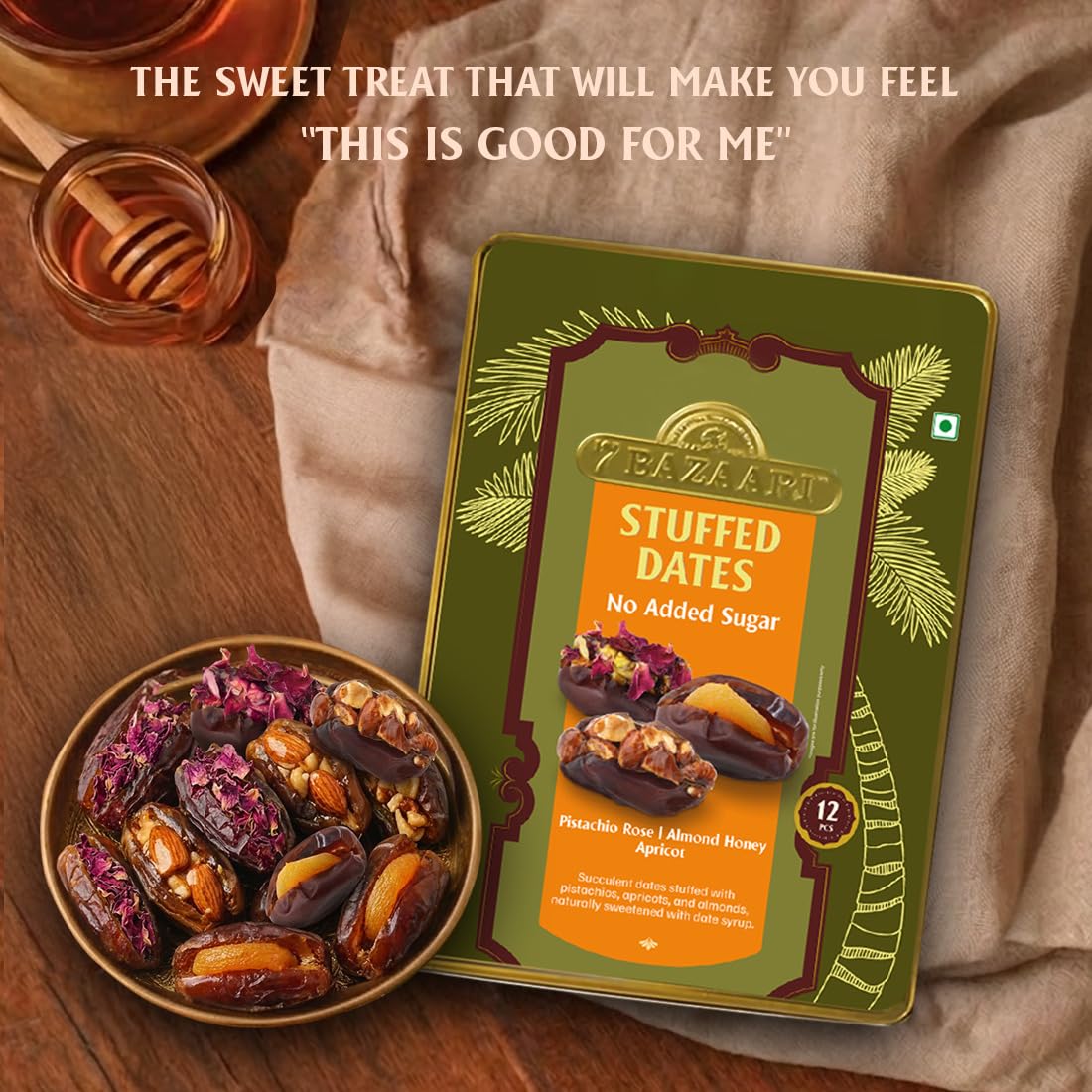7 Bazaari Nuts In Dates Pack of 12 | No Added Sugar | Almond Honey, Pistachio Rose & Apricot Stuffed Dates | Healthy Snacks Sweets | Premium Gift Box | Gourmet Sweets Box for Festive & Corporate Gifting 1