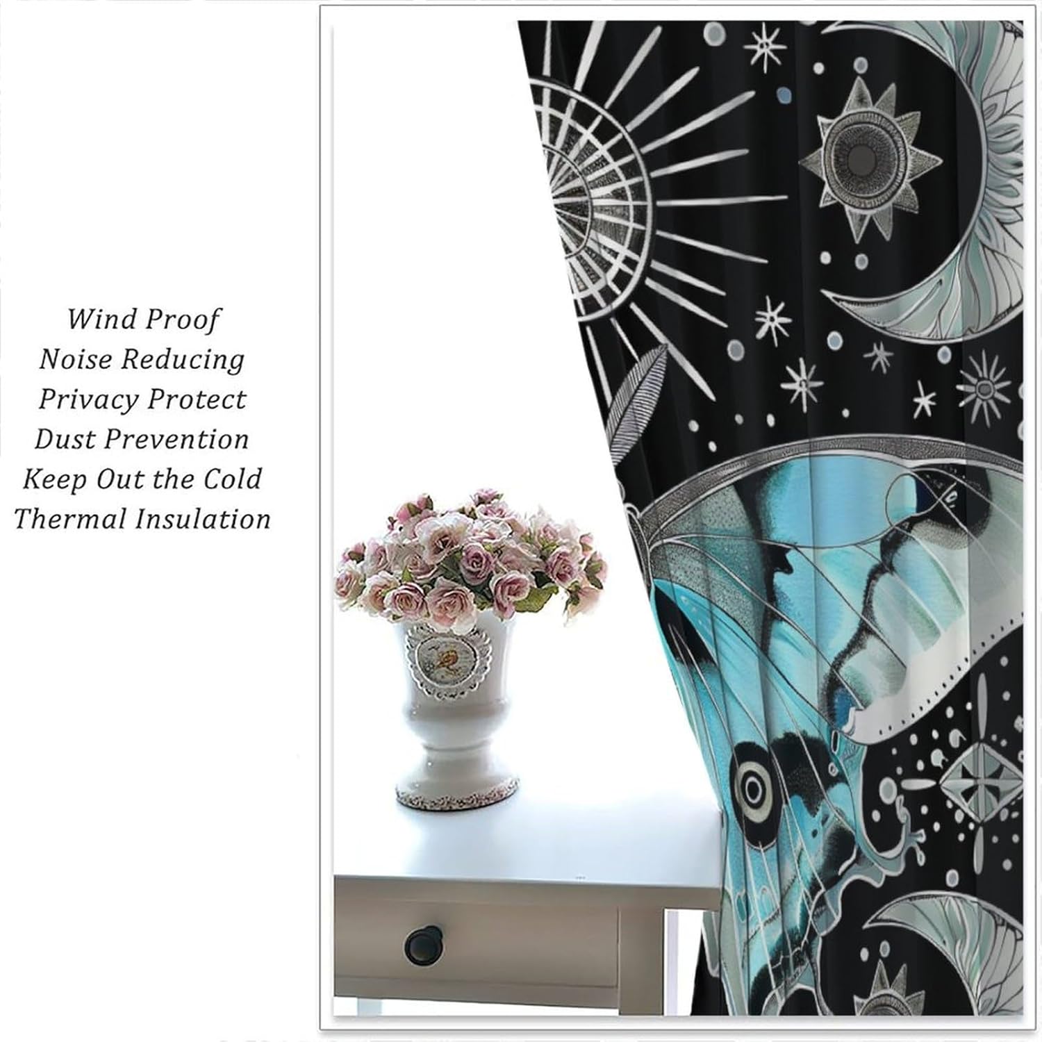 Moth Butterfly Blackout Window Curtains, Moon Phase Stars Bohemian Print Window Drapes, for Bedroom Living Room 52" W X 84" L