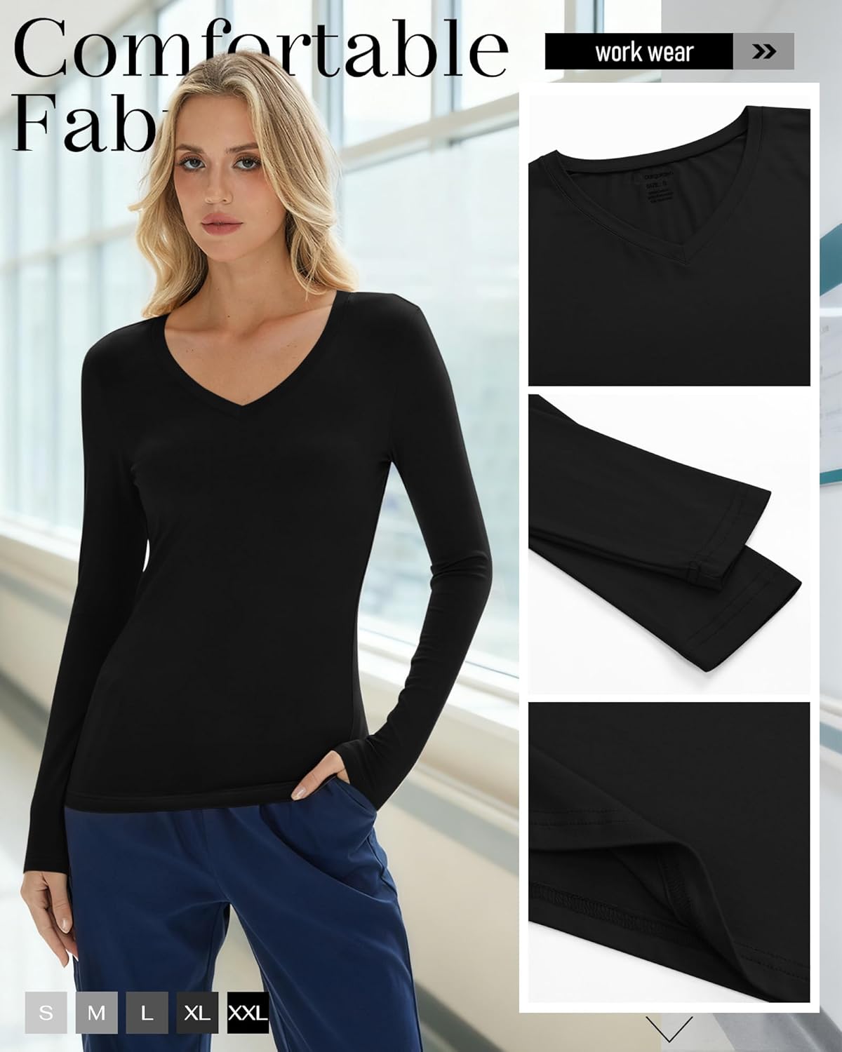 5 Pack Women's Long Sleeve Under Scrubs V Neck Fitted Undershirts Basic Layering Tops for Nurse - Image 4