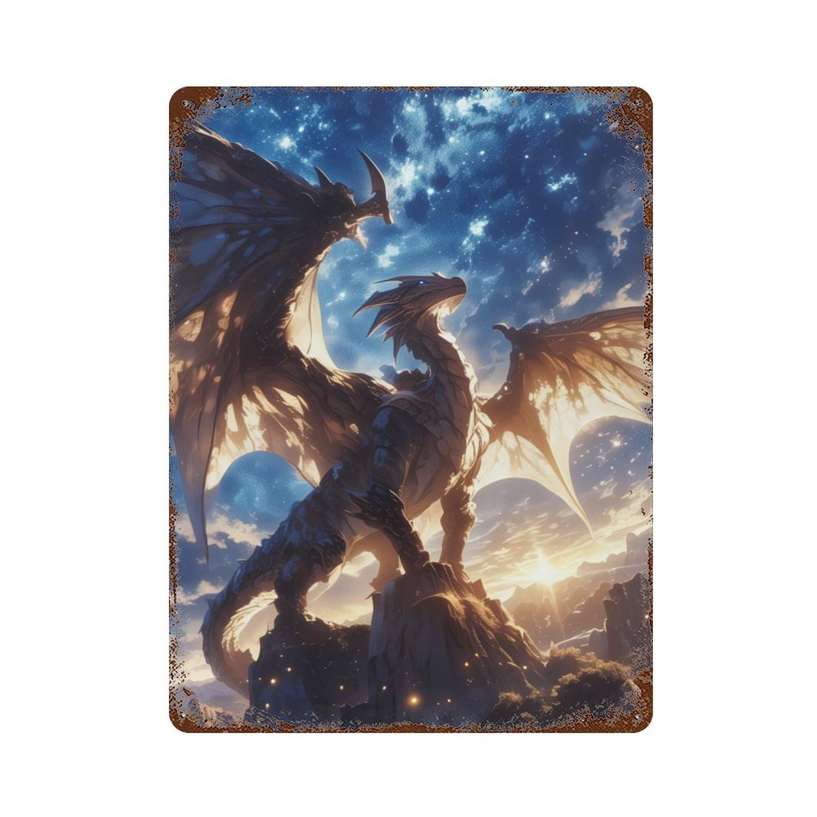 Rust Effect Majestic Dragon Starry Sky Aged Metal Wall Plaque 15.7"x11.8", Farmhouse Wall Decor for Office, Studio And Wall Decor