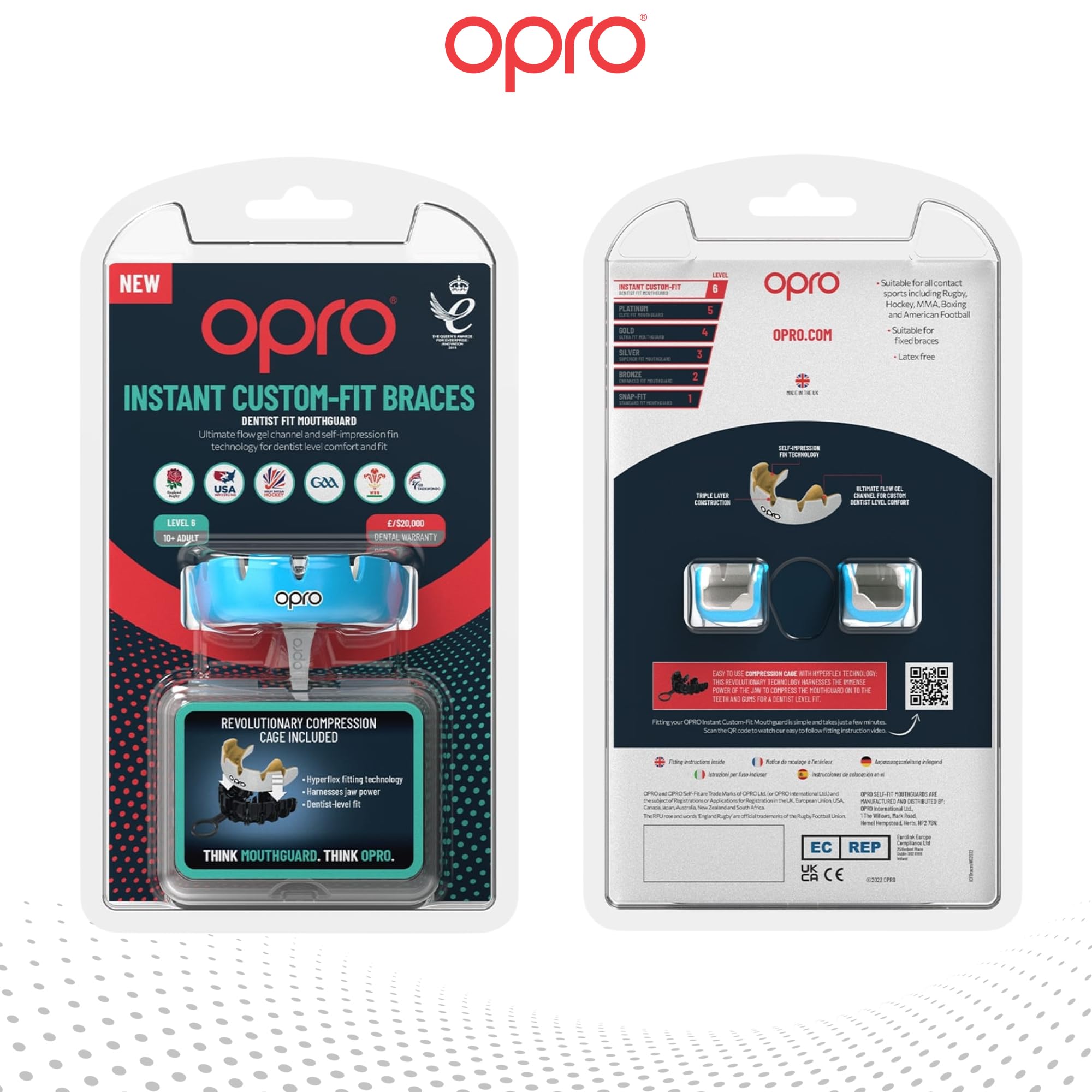 OPRO Paradenti per Apparecchi Ortodontici Instant Custom-Fit - Paradenti per Boxe, MMA, Rugby, Hockey - Automodellante - Protezione Dentale per Adulti (Età 10+) - Con Garanzia Dentale