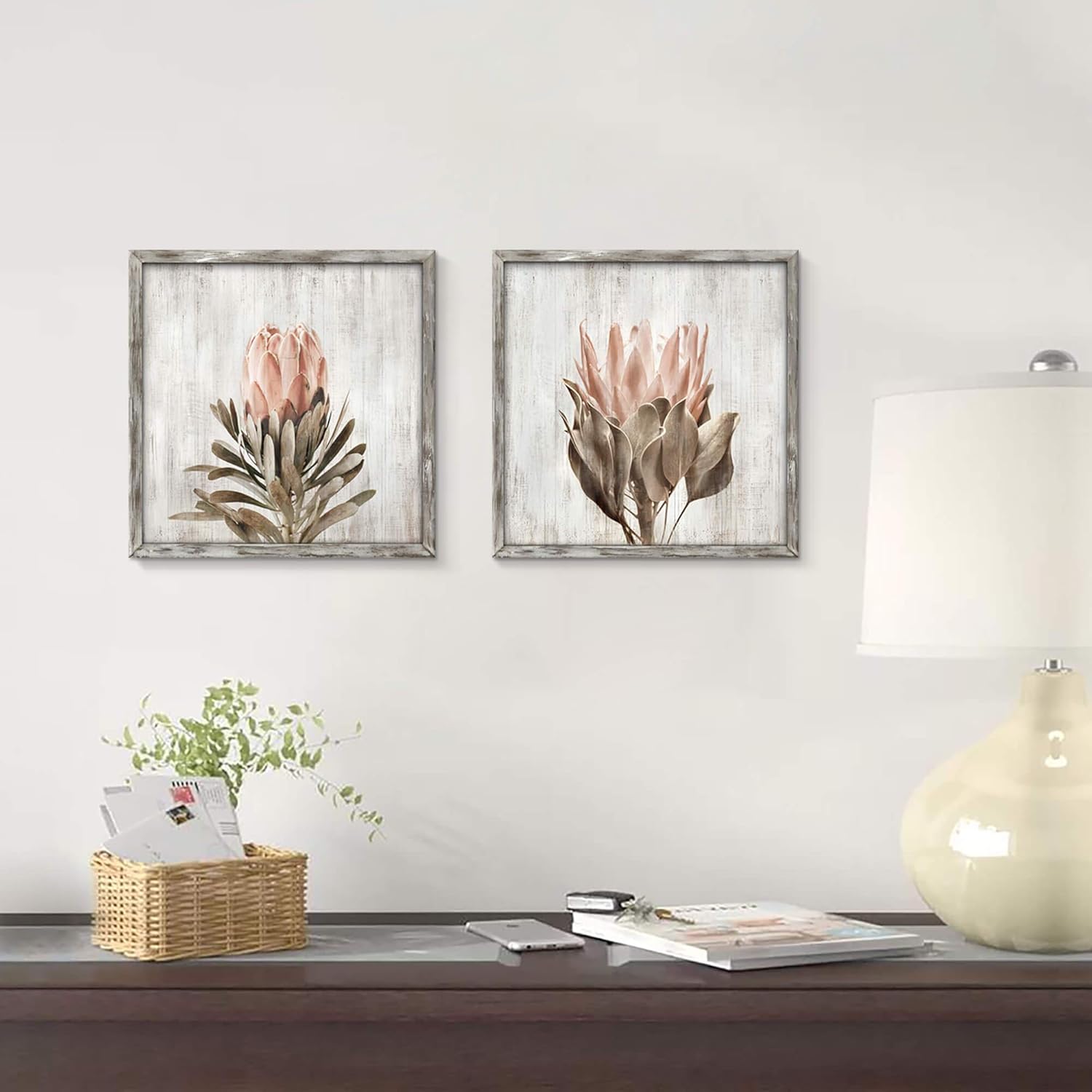 Floral Canvas Picture Wall Art: Protea Flower Artwork Painting on Canvas for Living Room (12" x 12" x 2 PCS, Multiple Sizes/Material)
