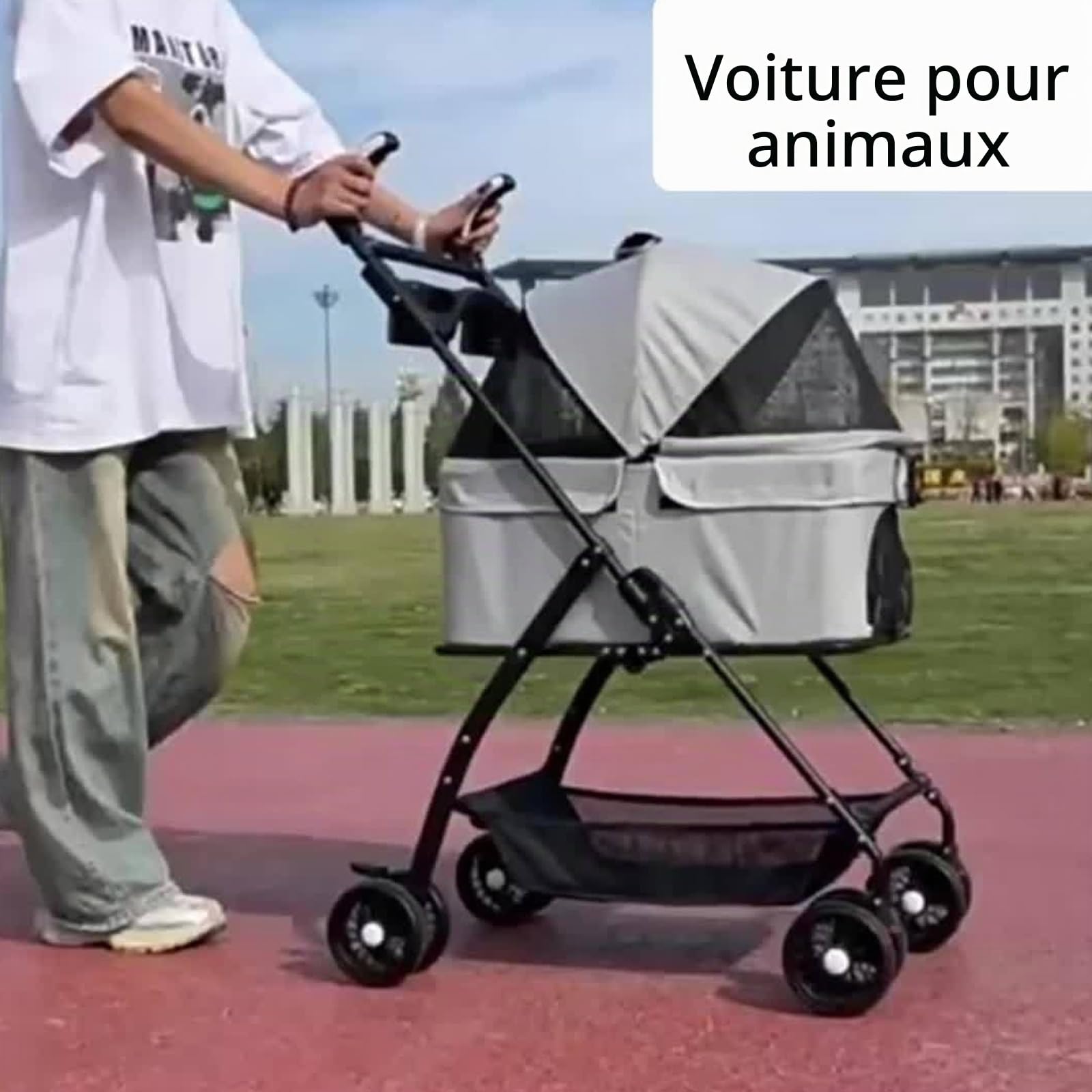 Poussette pour chien 3 en 1, pliable, avec sac de transport amovible, pour chiens et chats jusqu'à 20 kg, panier de courses et sac suspendu, fenêtre en maille avec ouverture d'alimentation, pliable
