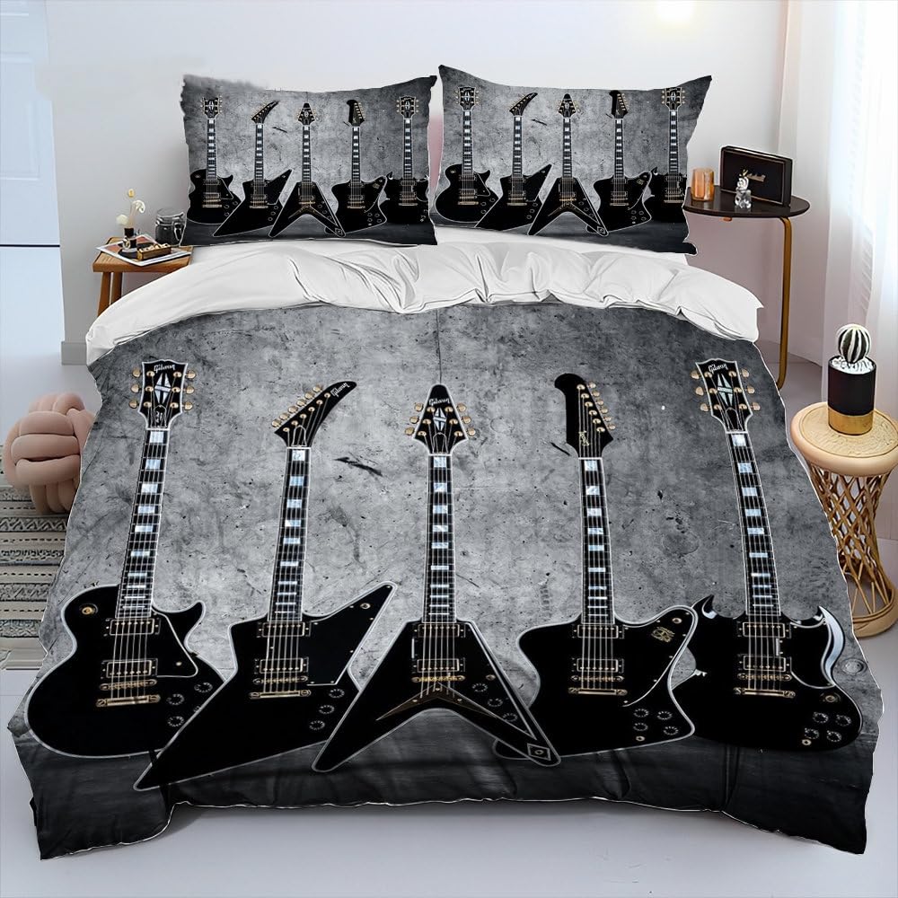 Poszewka na kołdrę w rozmiarze Super King Size szara pościel gitarowa dla dzieci - poszewka na kołdrę z zapięciem na zamek błyskawiczny + 2 poszewki na poduszki 50 cm x 75 cm - hipoalergiczna