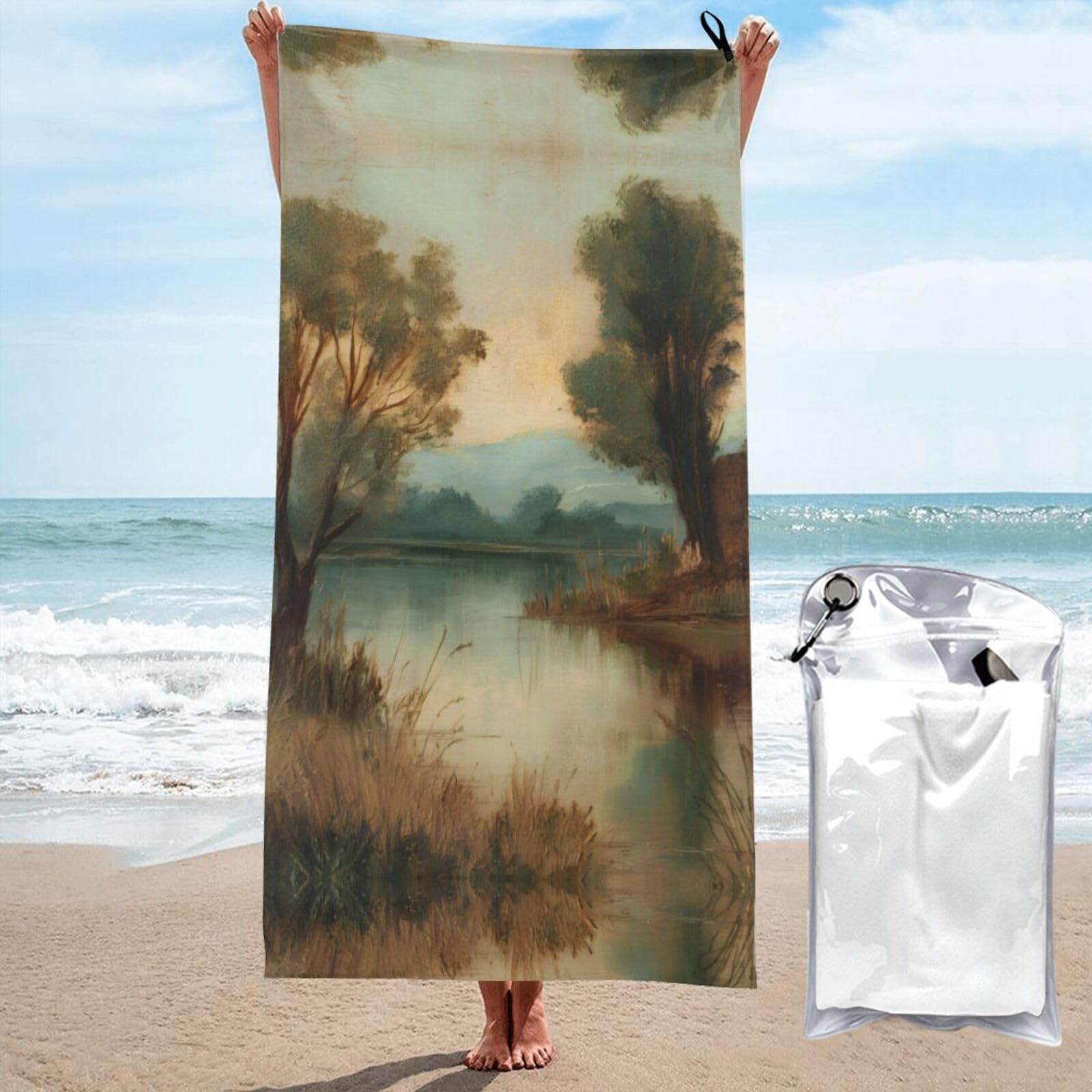 ESNAIUVCD Lake Landscape Print Beach Towel, Microfibre Sauna Towel, Quick-Drying Fitness Towel, Lightweight And Thin Portable Sauna Towel