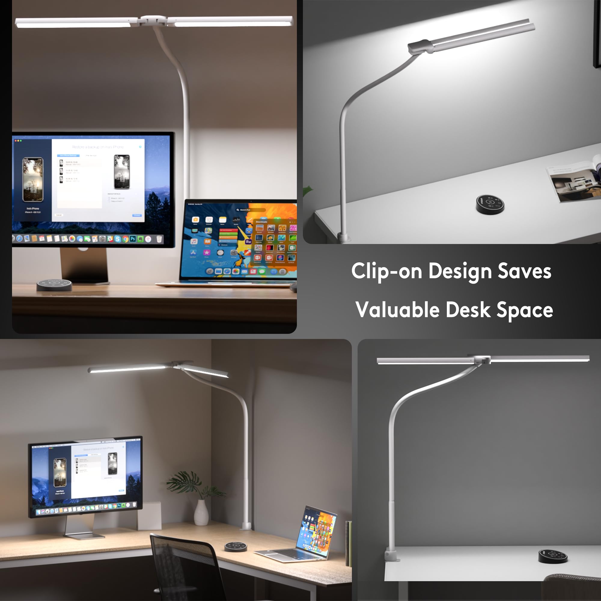 EYOCEAN Schreibtischlampe, Doppelkopf Schreibtischlampe Klemmbar, 16W 72cm Tageslichtlampe Schreibtisch mit Fernbedienung, Dimmbare Monitor Lampe, Schwanenhals Büro Tischlampe, Augenschutz Klemmlampe