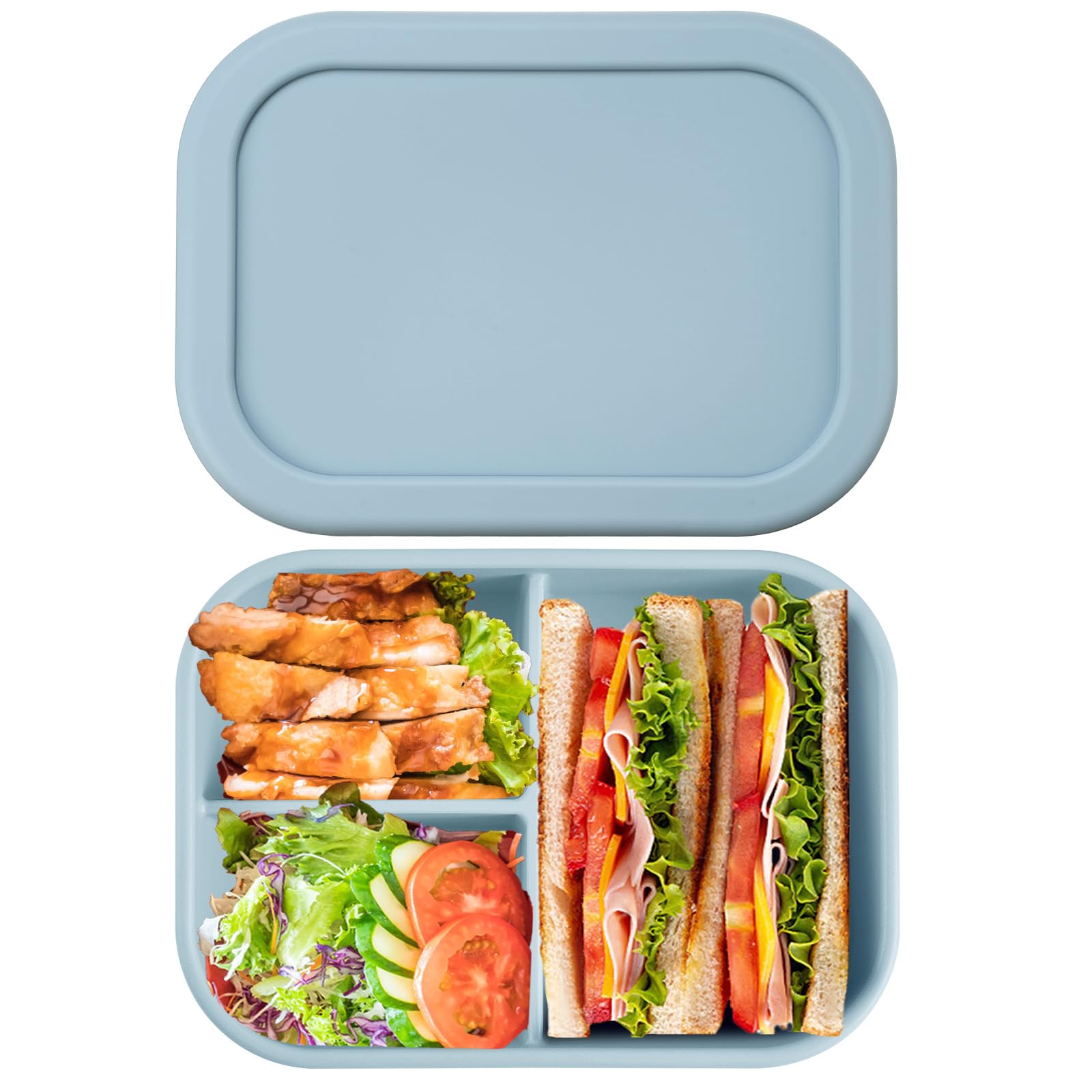 Layhit 1 Pcs Silicone Bento Box, 3 Compartments, Gray Blue