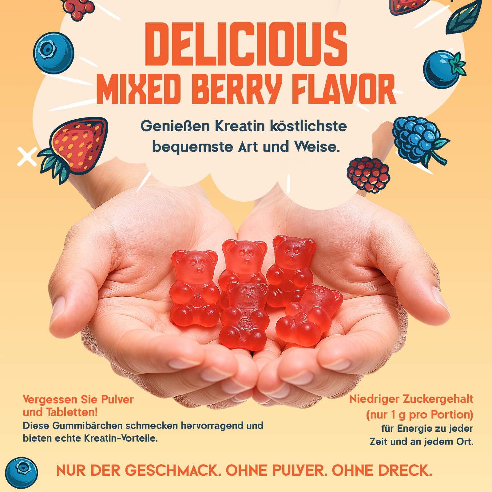 Kreatin Monohydrat Gummibärchen 5000 mg pro Portion, weiche Gummibärchen mit Fruchtgeschmack, Taurin und schwarzem Pfeffer für Muskeln und Kraft, 60 Stück