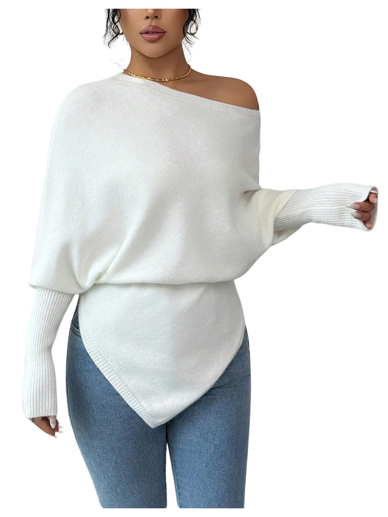 MakeMeChic Womens Asymmetrical Long Sleeve Sweater Tie Back Loose Business Knit Tops