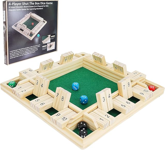 Win SPORTS Shut The Box Dice Game,Wooden Board Table Math Game for 1-4 Players,Classic Family Game with 12 Dices for Kids Adults Pub Classroom or Home(12 Inches)