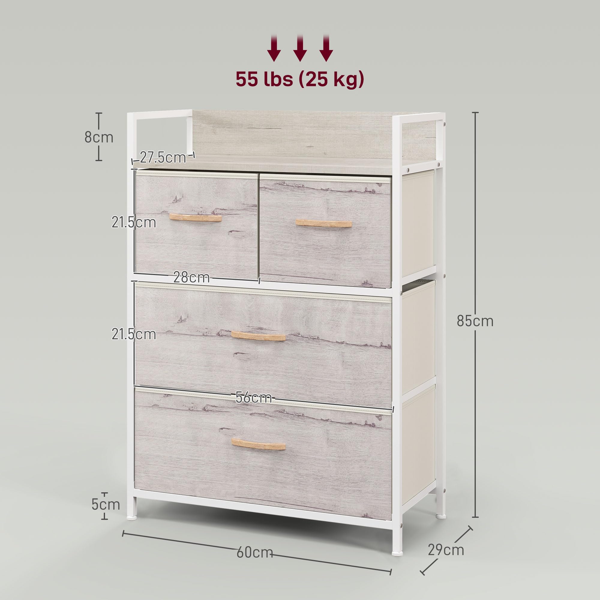 HOMCOM Kommode aus Stoff 4 Schubladen, Naturholz-Optik | Schlafzimmer, Aufbewahrungs-Organizer, offenes Regal, Metallrahmen, Wohnzimmer, Eingangsbereich