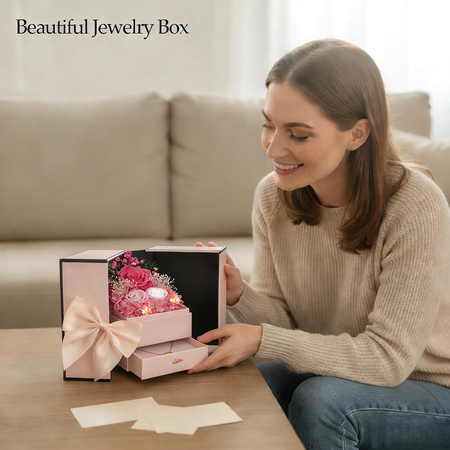 Preserved Flowers in A Gift Box with Bow - Forever Pink Roses with Gold Heart Necklace for Her - Valentines Day Mother's Day Birthday Anniversary for Women Wife Mom Present (Pink)