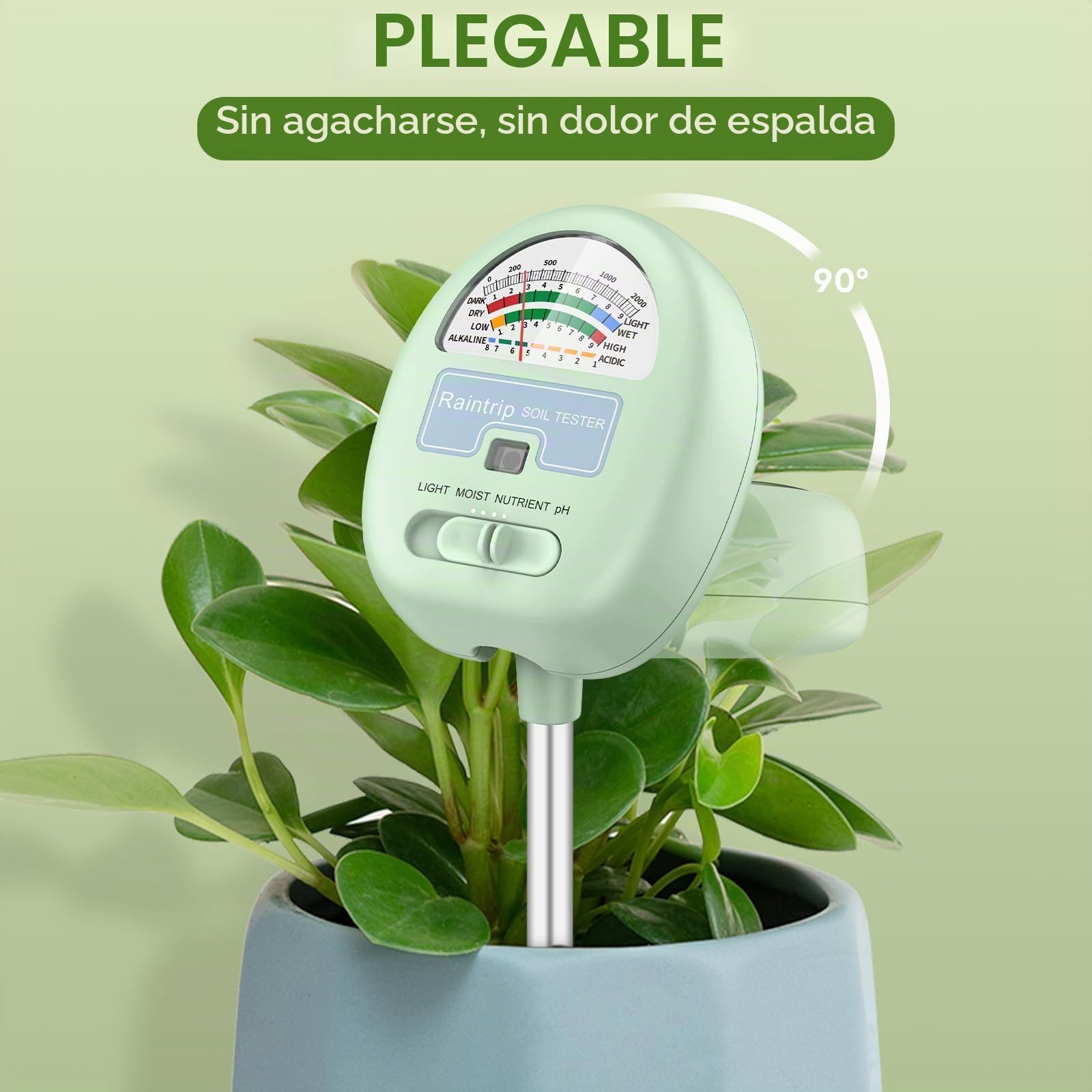 Medidor de humedad del suelo, medidor de pH del suelo 4 en 1, probador de suelo para humedad, luz, nutrientes, pH, granja, uso en interiores y exteriores (no requiere batería)