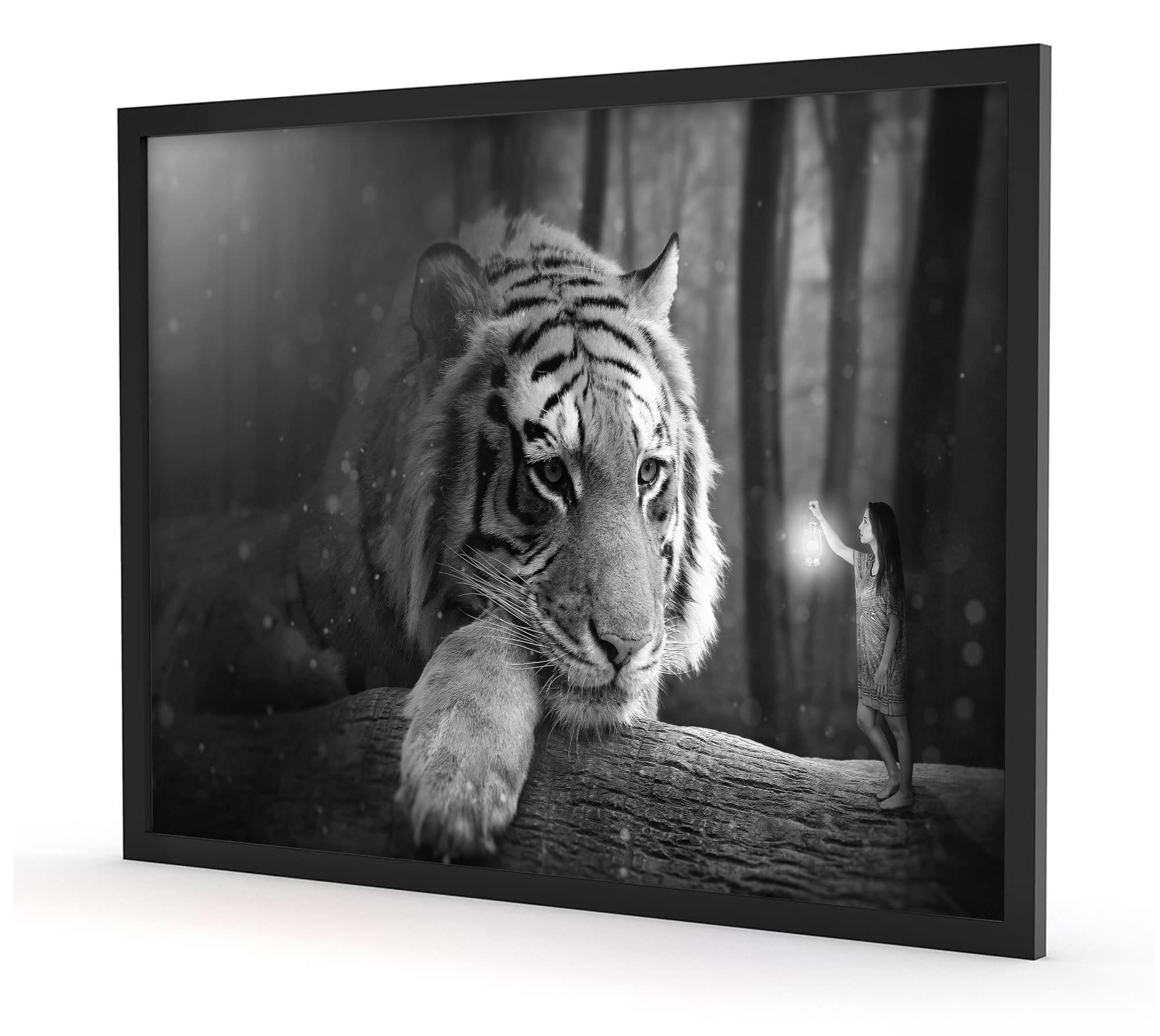 Poster con cornice portafoto da donna e una tigre gigante, formato 80 x 60 cm