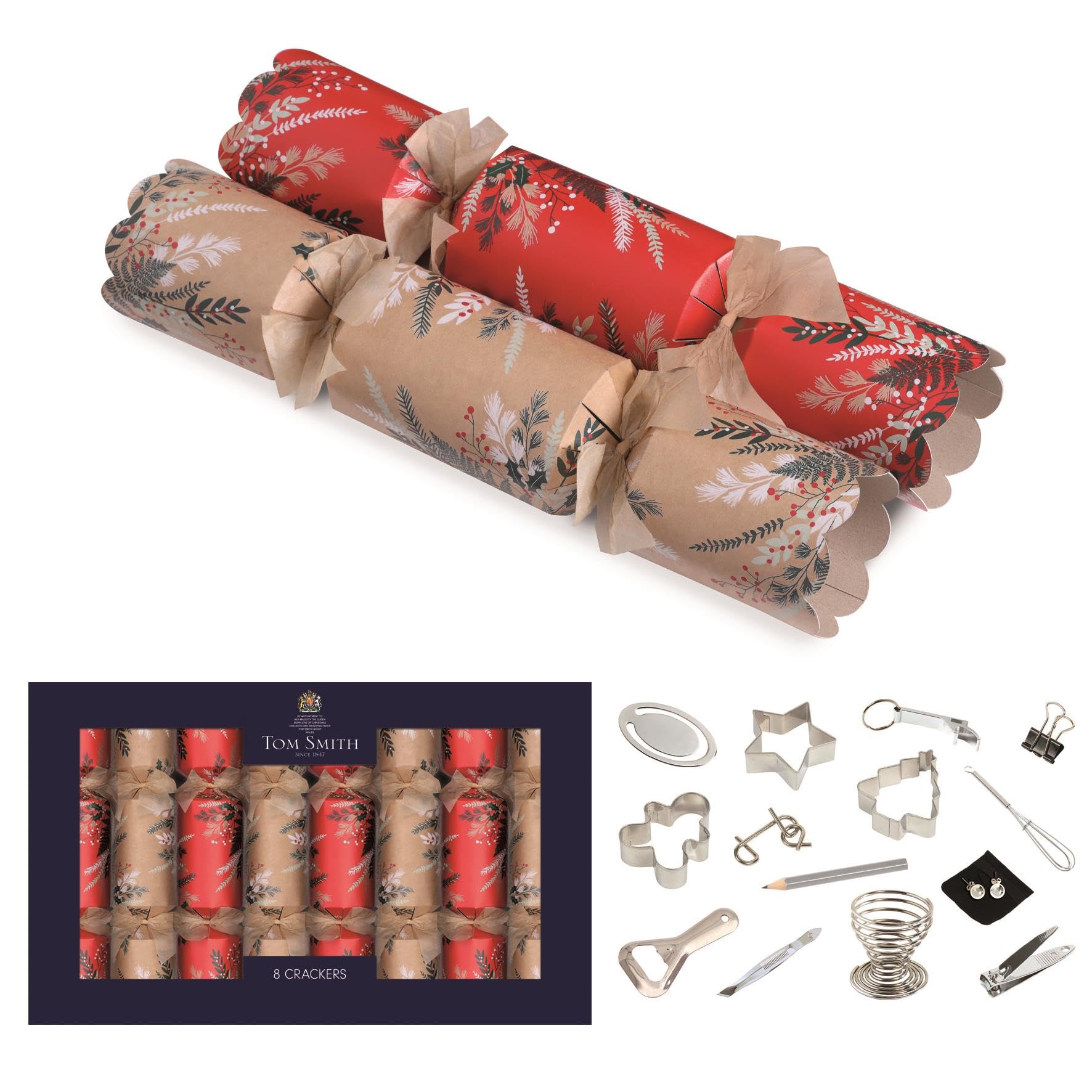 Tom Smith Pack 8 Red & Brown Holy & Ivy Eco Charity Christmas Crackers Family