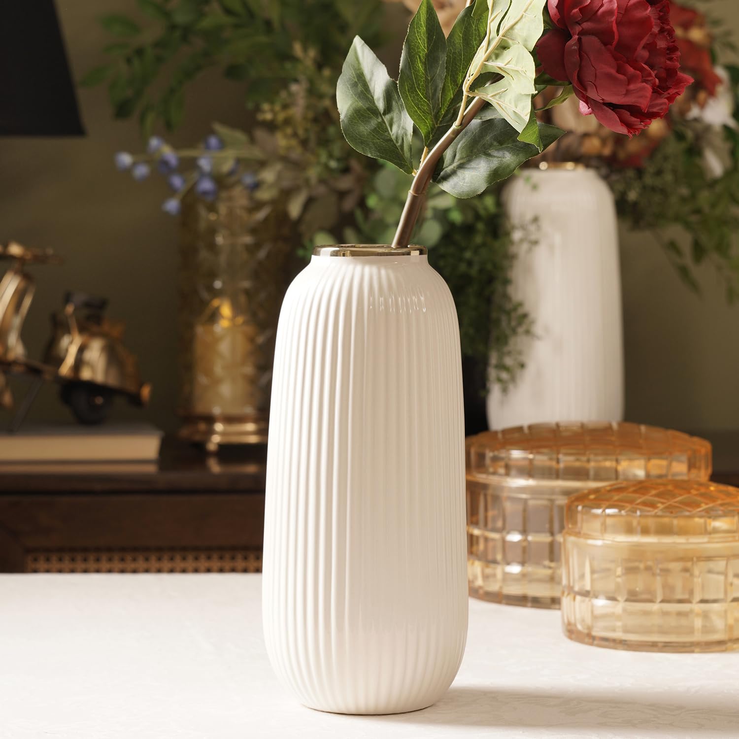 Pure Home + Living Ivory Ribbed Texture Ceramic Vase - Small for Decor Centerpiece Home Decor, Office, Living Room | Decorative Vases for Pampas Grass, Dried & Artificial Flowers-image-22