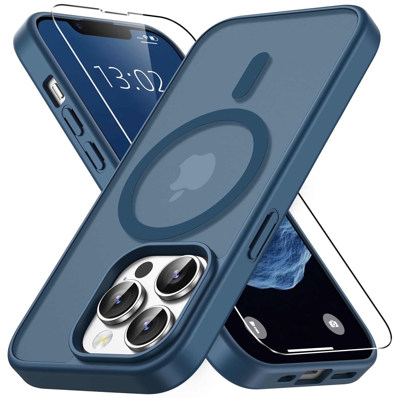 Vansdon Cover Magnetica per iPhone 13 Pro con 1 Pezzi Vetro Temperato, Compatibile con Magsafe, Protezione anticaduta di livello militare, Custodia Traslucida Opaca Sottile Antiurto-Blu Profondo