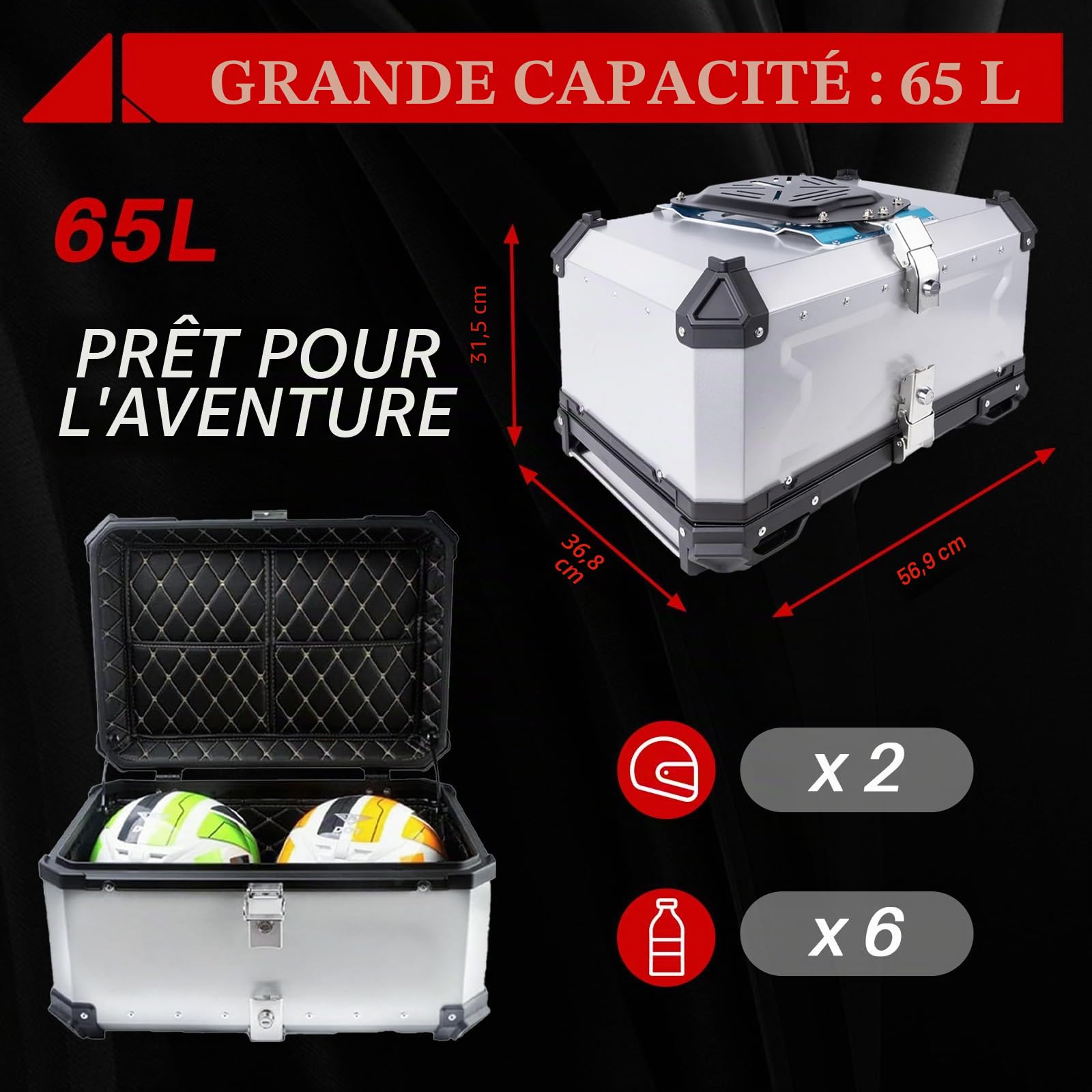Coffre de Moto Aluminium Étanche 65 L (Argent)