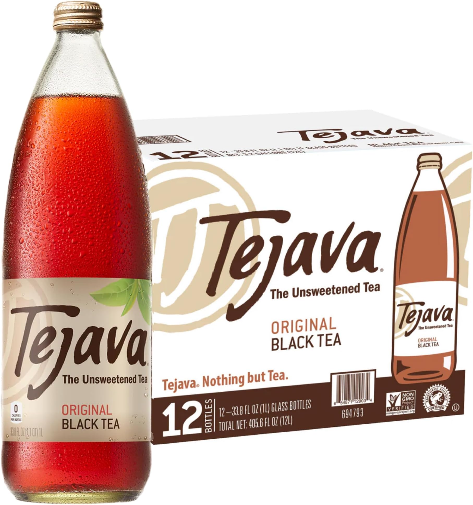 Original Unsweetened Black Iced Tea, 12 Pack, 1 Liter Glass Bottles, Non-GMO, Kosher, No Sugar or Sweeteners, No calories, No Preservatives, Brewed in Small Batches