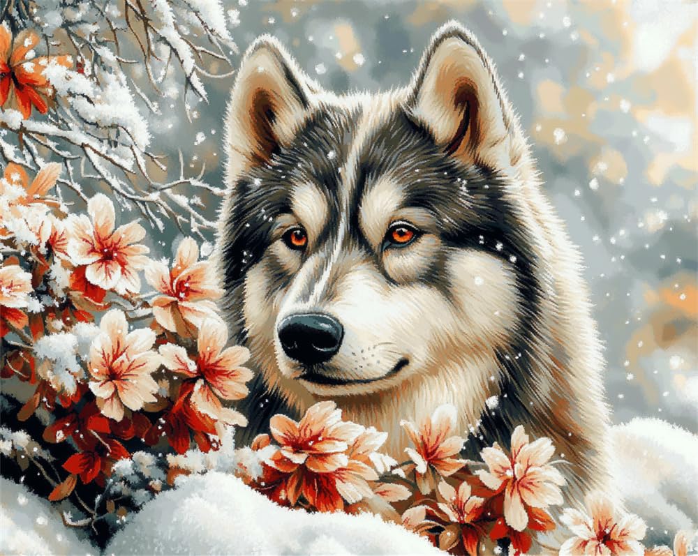 Henypt Stamped Cross Stitch Kits - Alaskan Malamute and Flowers in The Snow Colorful Printed Easy Pattern Needlepoint Kits Embroidery Crafts for Adults Beginners Gift