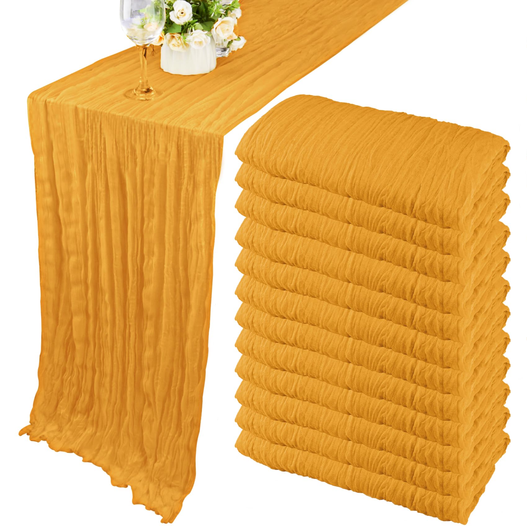 Photo 1 of 12 Pack 10Ft Cheesecloth Table Runner 35x120 Inch Boho Gauze Table Runner Rustic Cheese Cloth Long Romantic Table Runners for Wedding Bridal Shower Birthday Party Table Decor (Mustard)