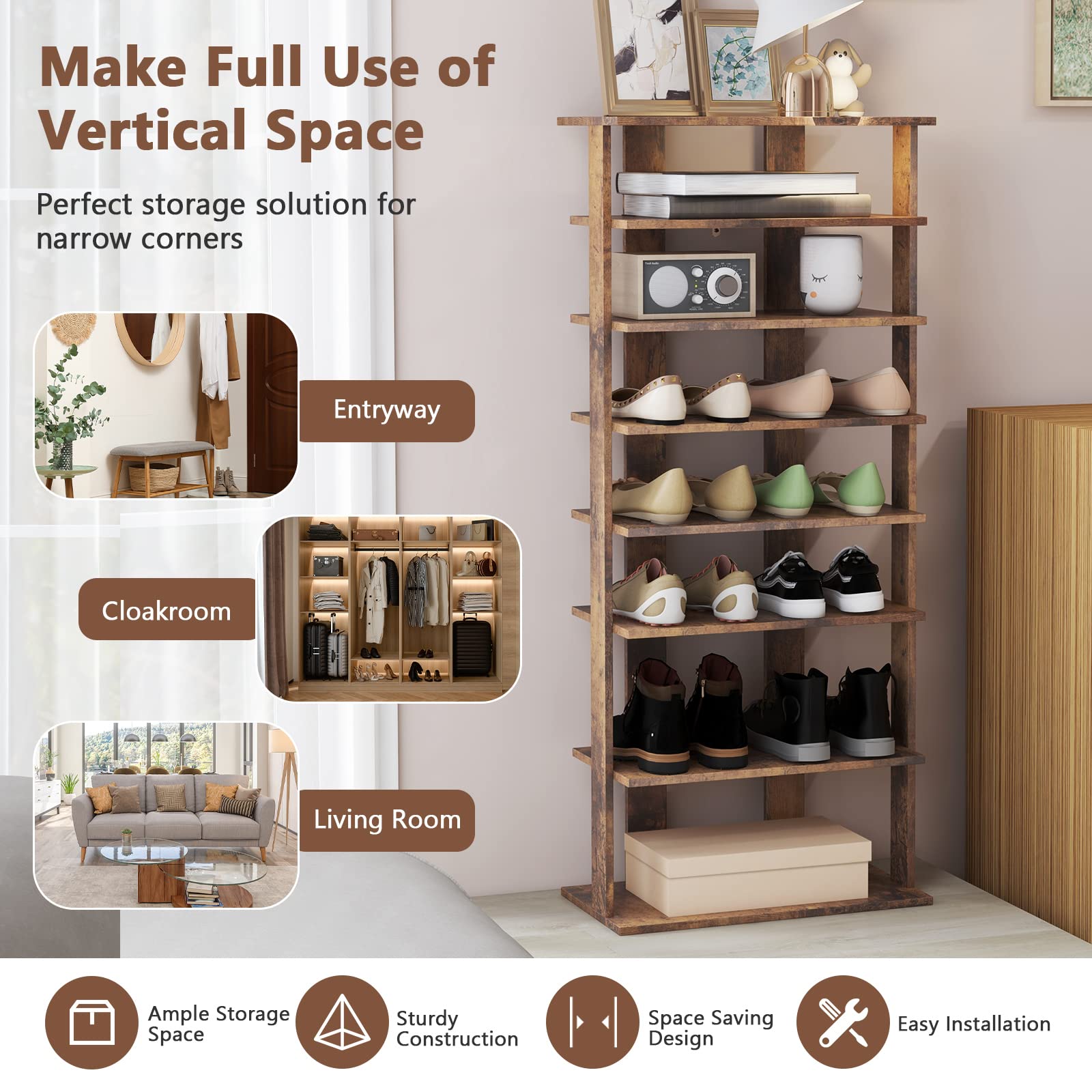 GIANTEX Schuhregal schmal und hoch, Schuhschrank Regal Holz 8 Ebenen, Schuhständer Schuhablage vertikal, Schuh-Organizer platzsparend, Holzregal Standregal Lagerregal Eckregal Rustikalbraun