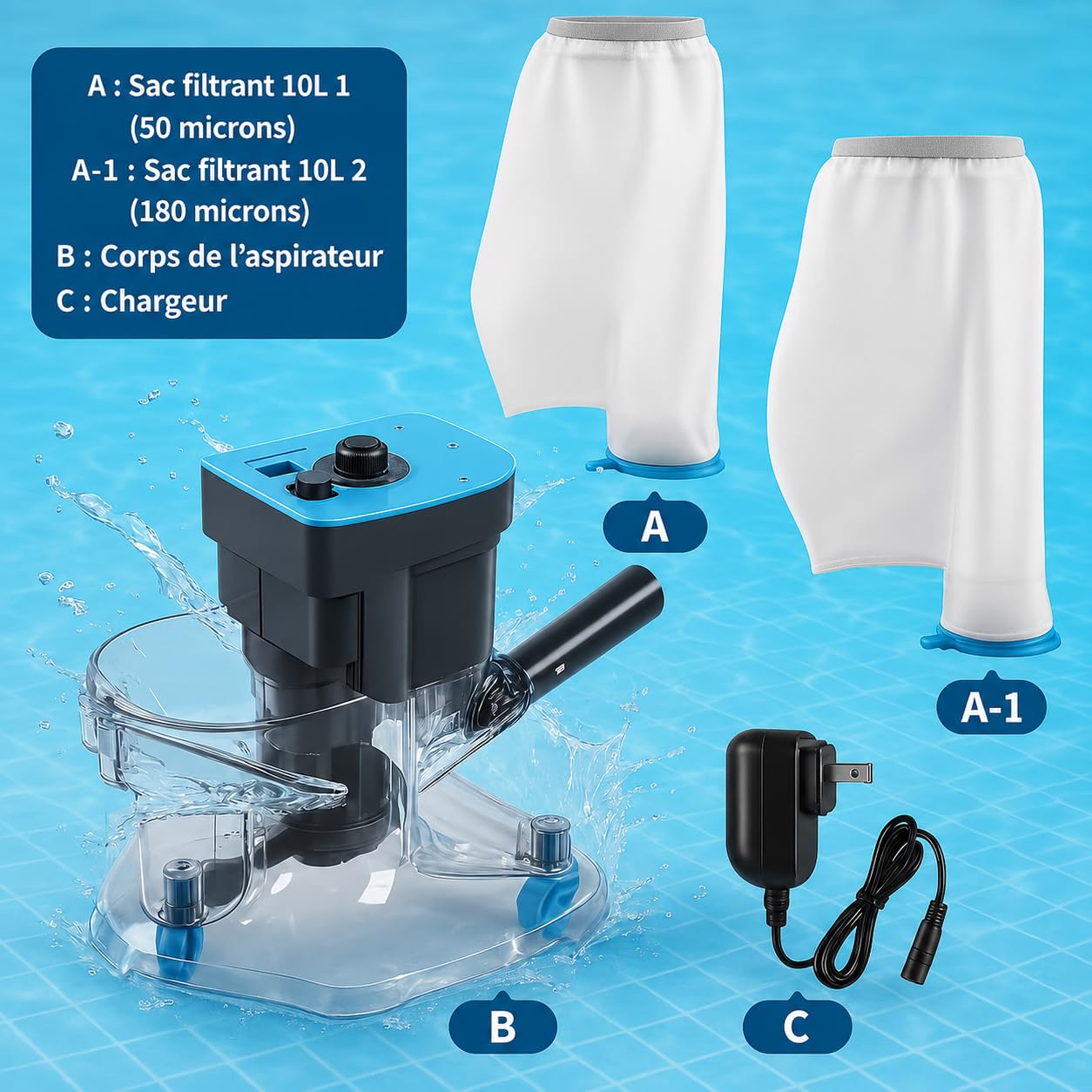 Aspirateur à Feuilles Piscine Rechargeable, Aspirateur Piscine sans Fil avec 2 Sacs Filtrants, Nettoyeur Électrique pour Feuilles et Débris, Piscines Hors Sol et Creusées