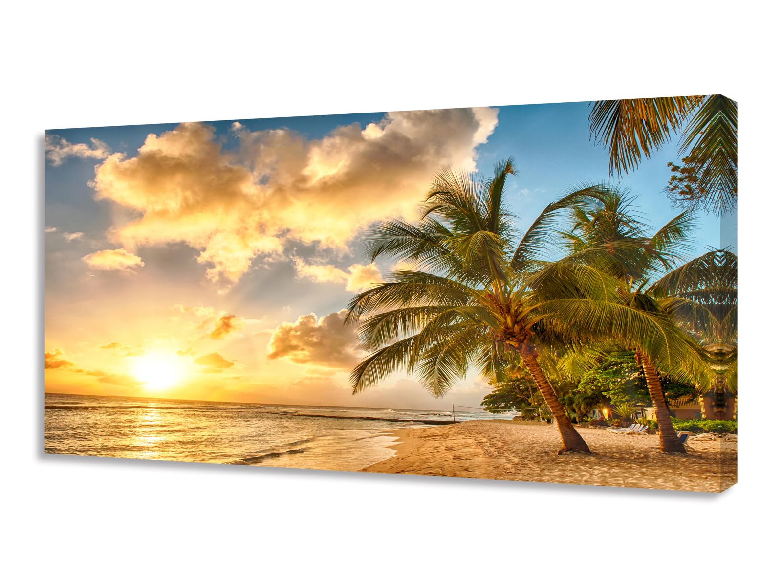 KUNHAAH Wall Art Canvas Painting Golden Ocean Beach Palm Tree 1 Piece Sunset See Coconut Trees Landscape Picture Poster Print Framed and Stretched