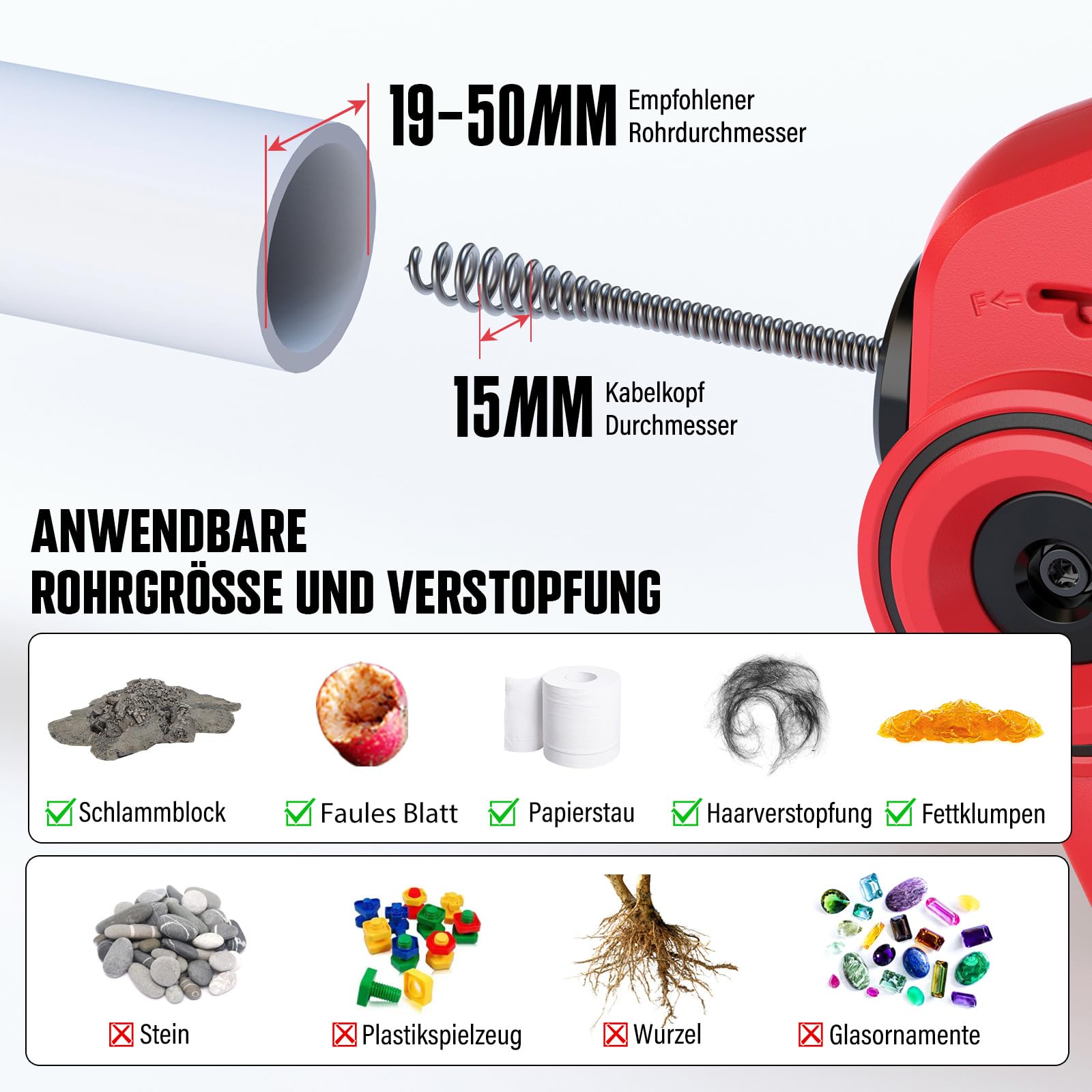 POPULO Kabellose WC-Rohrreinigungsspirale 20 V, 7,6 m, mit Führungsrohr
