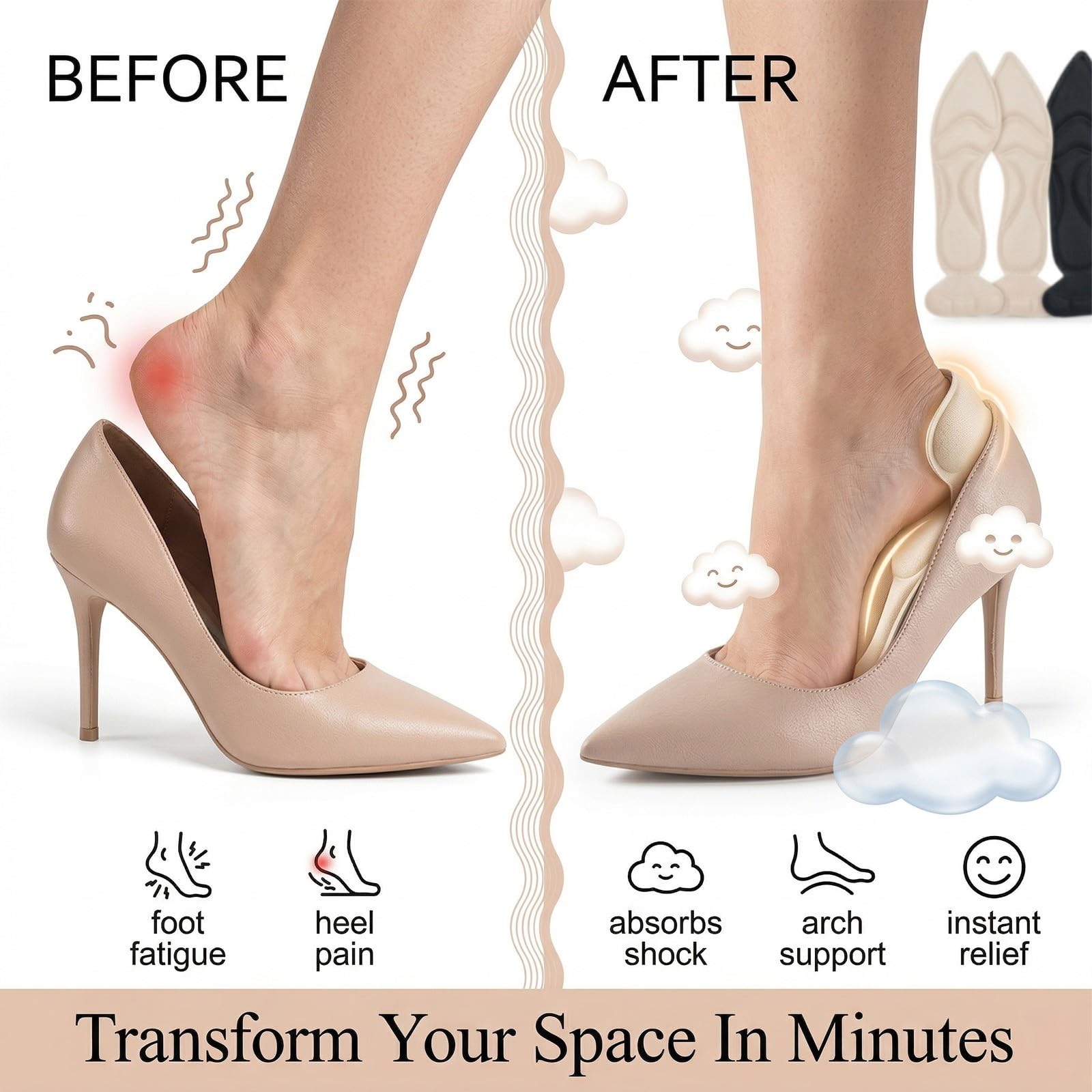 4 Paia Solette per Scarpe Grandi, Riduttore Numero Scarpe in Memory Foam per Tacchi Alti e Décolleté, Design 2-in-1 con Salva Tallone, 2 Modelli (Punta Tonda e Appuntita), Nero e Carne