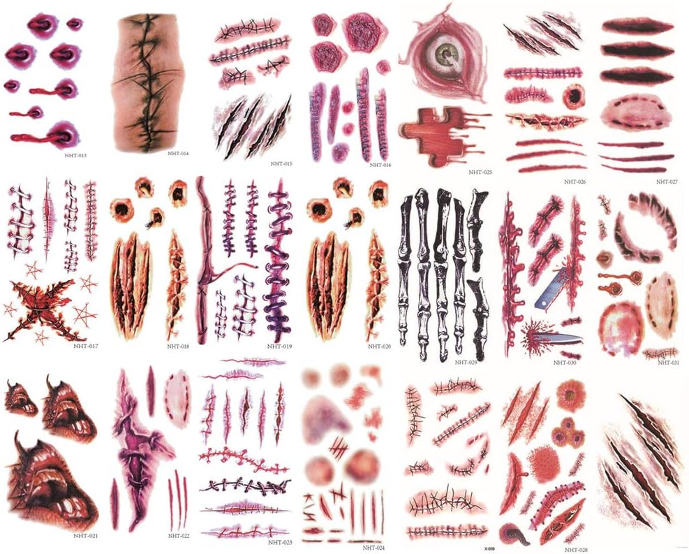 Halloween Temporary Tattoos Halloween Simulation Wound Bleeding Wound Scar Blood Tattoos Stickers(21 Sheets)