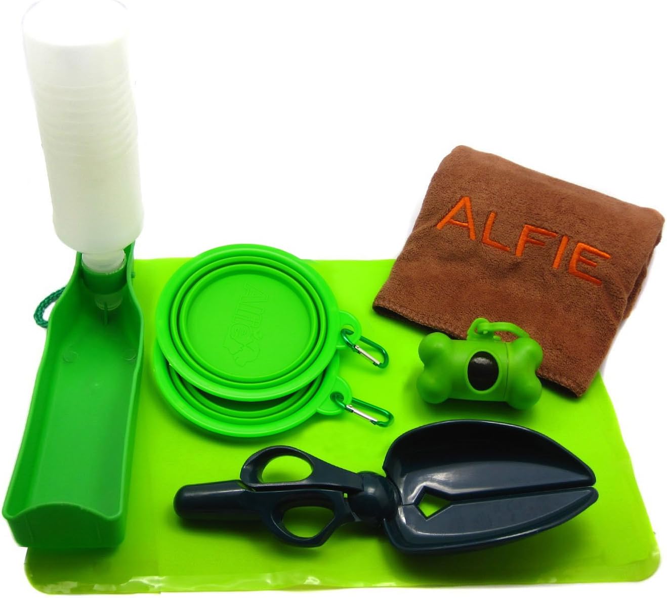 Alfie Pet - Elva Pet Adventure Set with Travel Bowls, Microfiber Fast-Dry Towel, Water Bottle, Waste Bag Dispenser, Waste Pickup Scoop, Place Mat - Color: Green