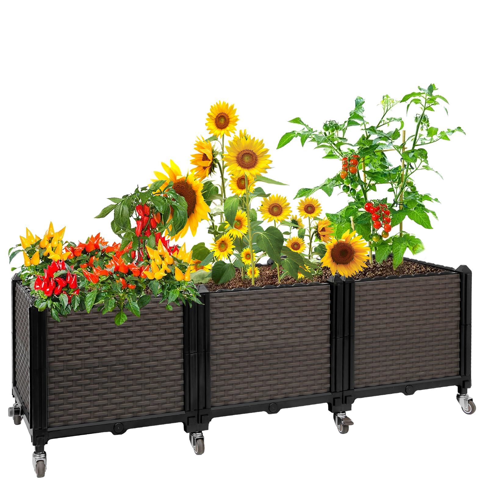 EasyVibe Raised Plant Box with Wheels 120L x 40W x 40Hcm, Raised Beds for Gardening Self Watering, Durable Metal Lockable Casters, Rectangular Garden Planter Perfect for Garden Patio Balcony Deck