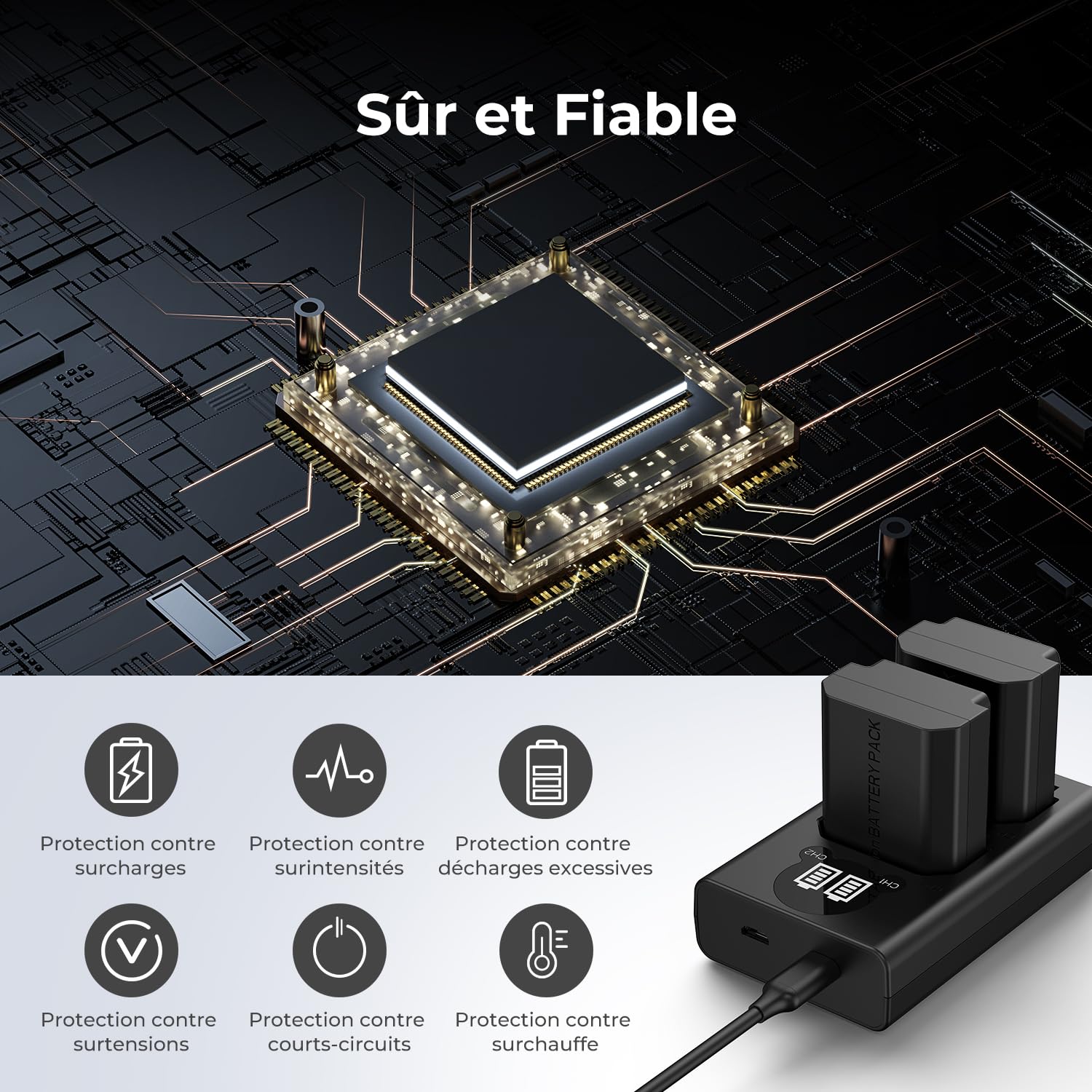 K&F CONCEPT NP-FZ100 Batterie Chargeur avec Double Emplacement et écran LCD, Chargeur Micro USB et Type-C pour Sony FX30, Alpha A7 III, A7R III (A7R3), A9, A6600, A7R IV, Alpha A9 II Camera Batteries