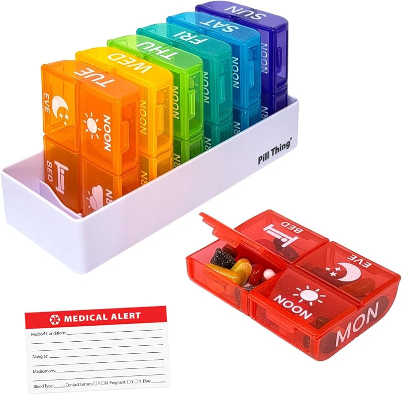 Large Weekly Pill Organizer 4 Times a Day – 7 Day Color-Coded Pill Boxes with Larger Compartments, Secure Snap-in Tray, BPA Free, Medical Alert Card Included (4X a Day - 1 Pack)