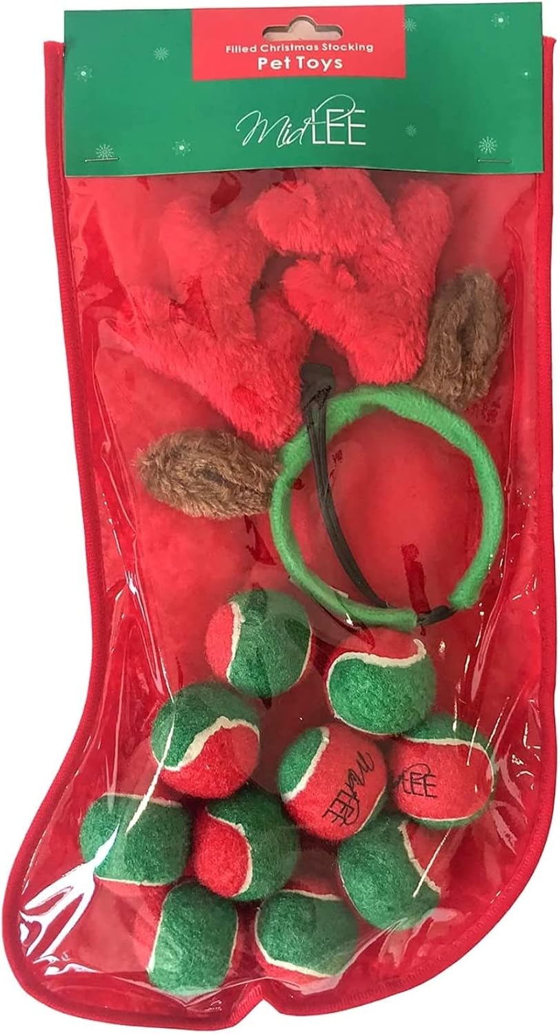 Midlee Filled Dog Stocking- Reindeer Antlers and 10 Mini Tennis Balls