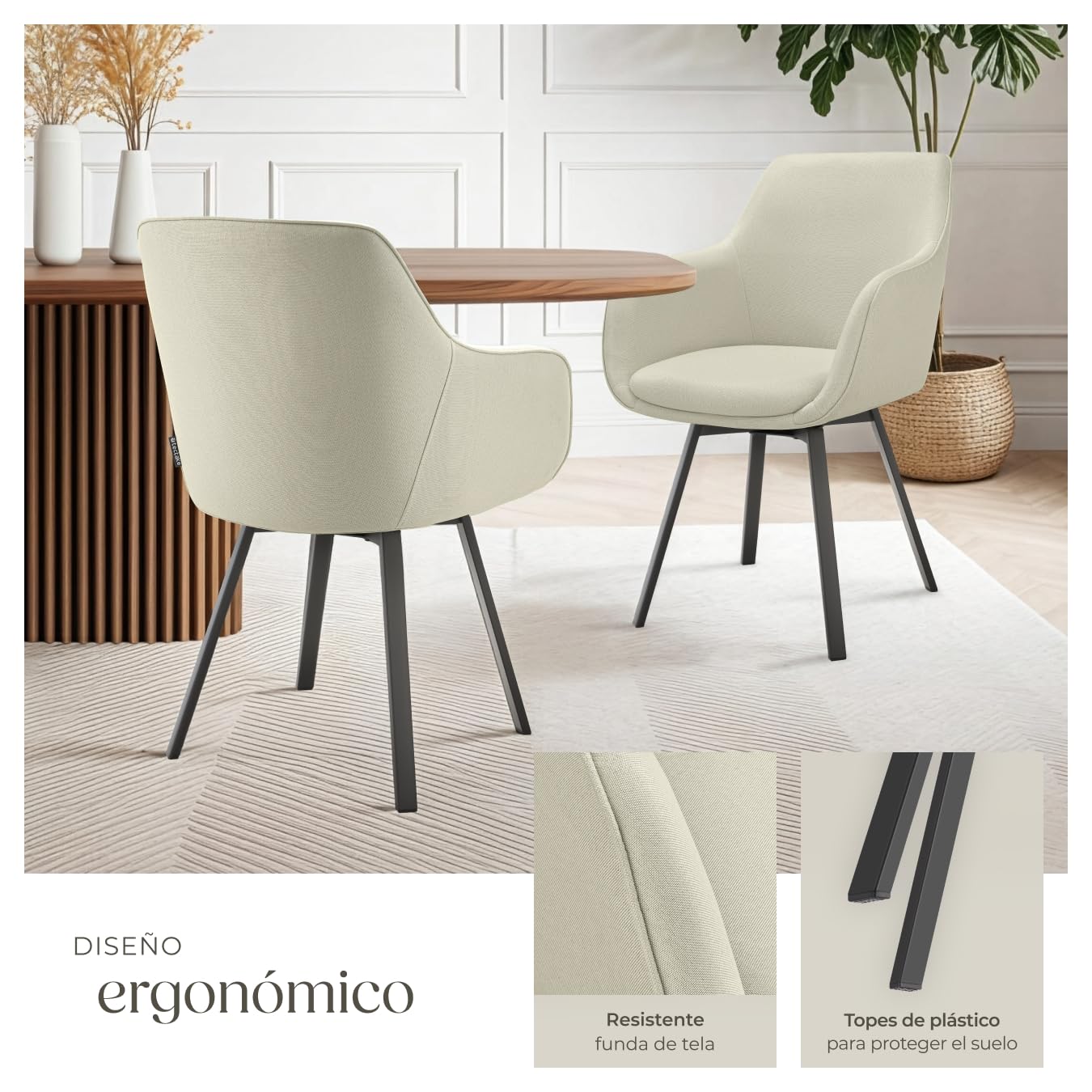 tectake® Silla Giratoria con Reposabrazos, Tapizada y con Acolchado de Alta Densidad, Patas de Acero 360°, Antideslizante, Montaje Rápido, Ideal para Comedor, Cocina y Dormitorio - 2 Sillas Beige