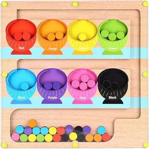 Plaitaoai Laberinto magnético de color y números, imán de madera Montessori para habilidades motoras finas para niños de 3 a 5 años de edad, tabla