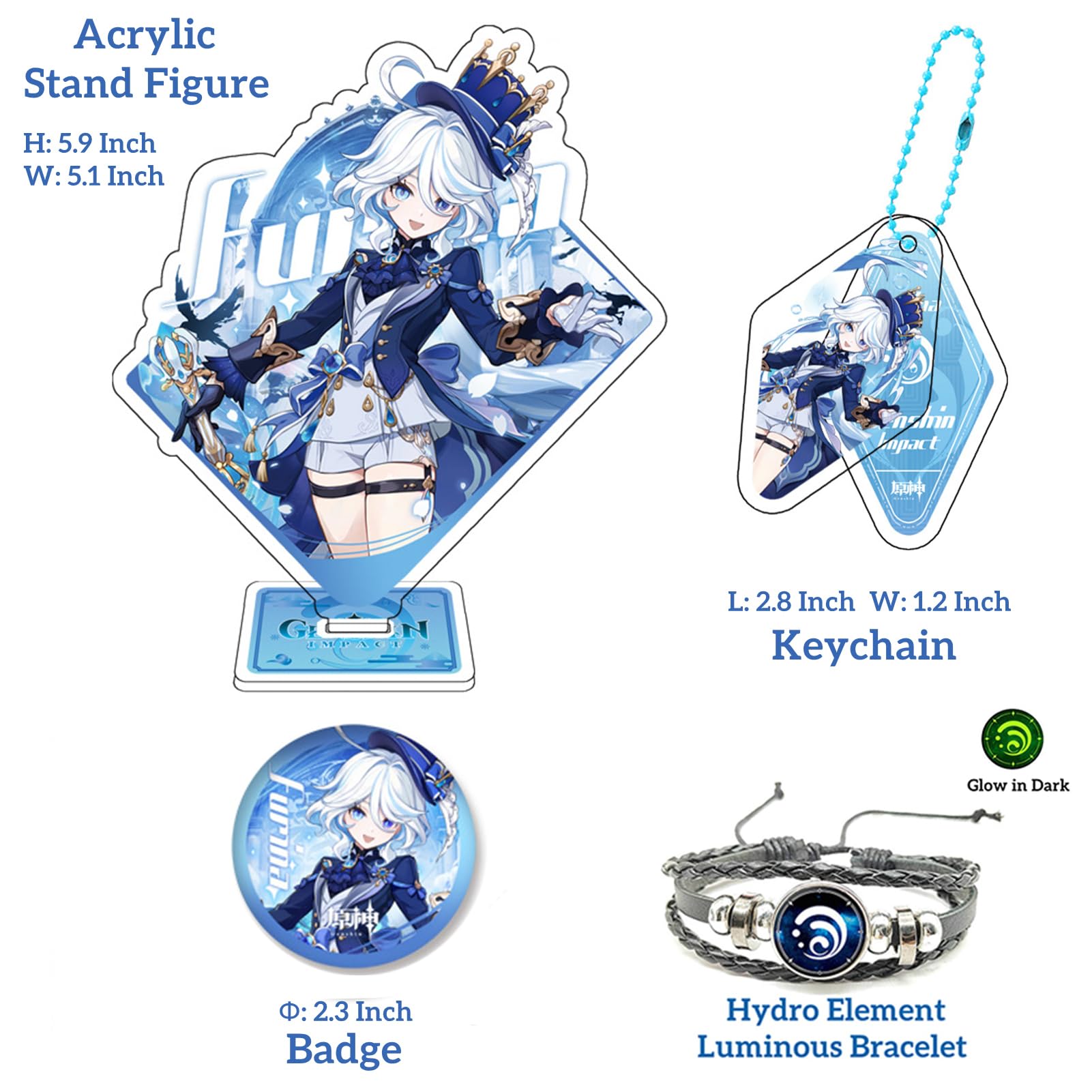 Genshin Impact Box Furina Merch Ensemble de marchandises – Poupée en peluche, affiche, tapis de souris, figurine de support, bracelet, badge, porte-clés, porte-cartes et 30 cartes Lomo, 50