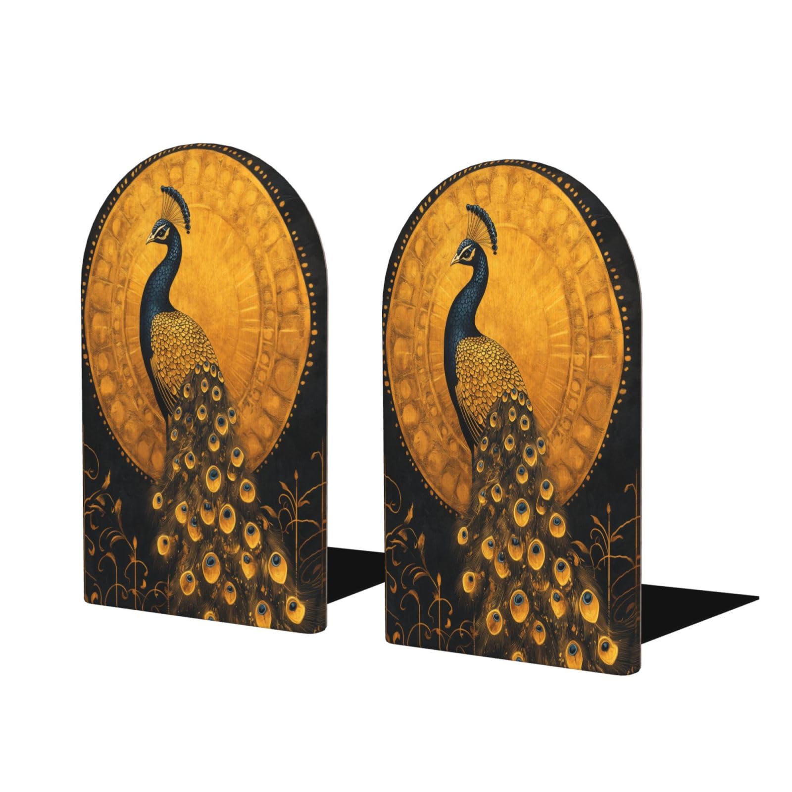 Woshuwo Khaki Golden Peacock Bookends For Shelves 2 Pcs Wooden Book Stopper Organizer For Home Office Libraries