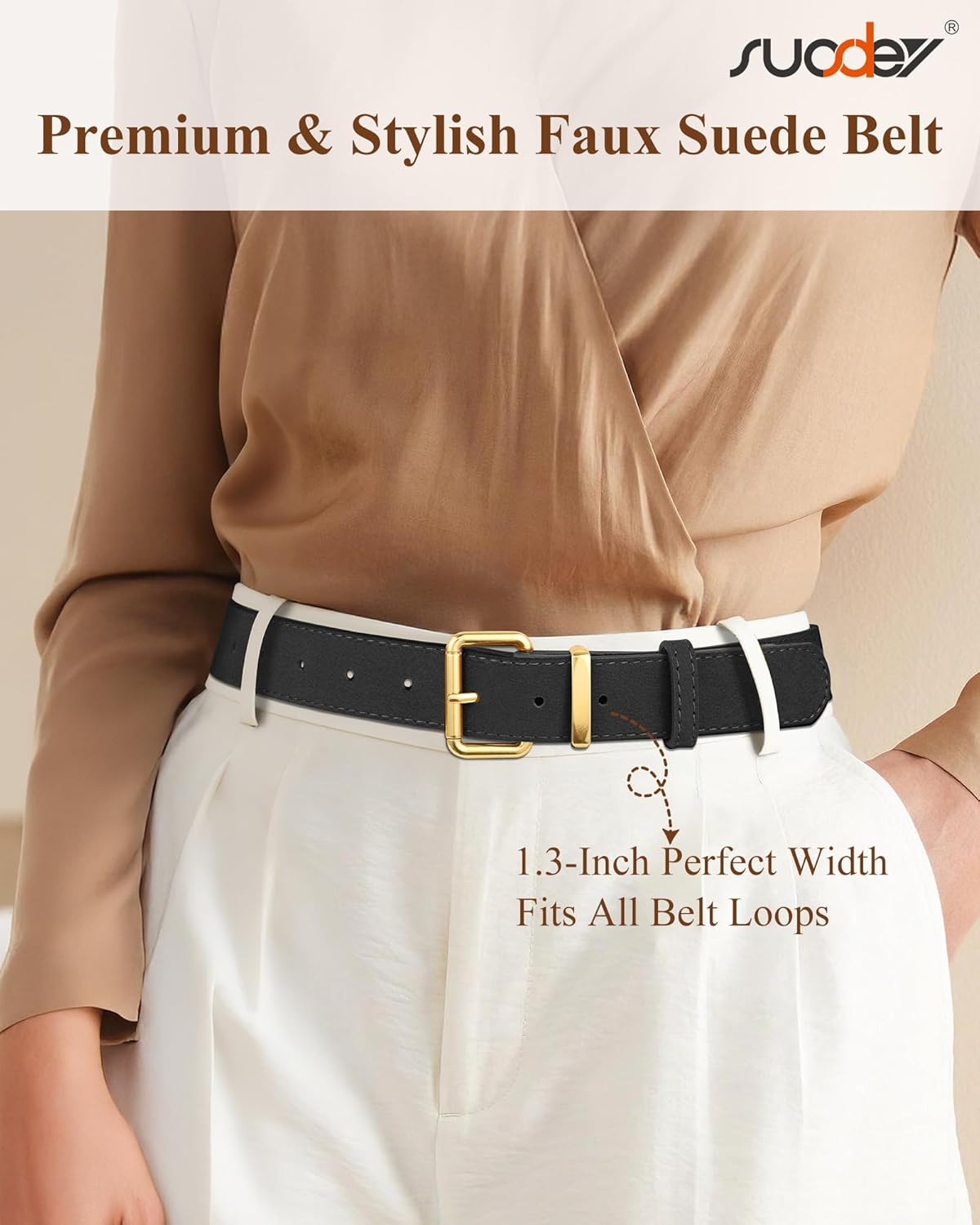 SUOSDEY Women Suede Faux Leather Belt with Gold Buckle, Ladies Waist Belts for Jeans Dresses, 1.3 Inch Width - Image 4