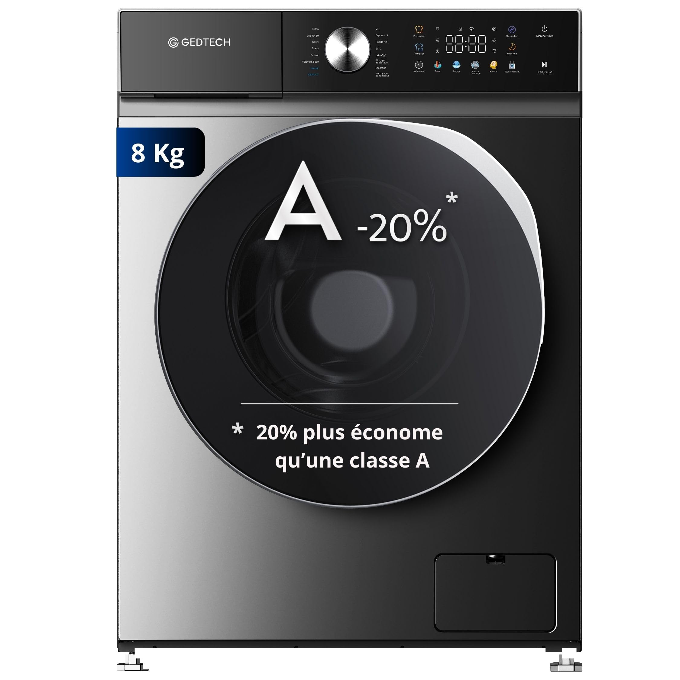GEDTECH GLLPS81400WH - Lavatrice frontale da 8 kg, 1400 giri/min, 16 programmi, Eco - Intensivo - Veloce - Molto basso conso - Pannello di controllo LED a colori (nero)