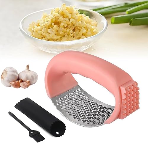 Prensa de ajo de acero inoxidable mejorada 2026, balancín de prensa de ajo, trituradora de ajo con pelador y cepillo de limpieza, picadora de ajo